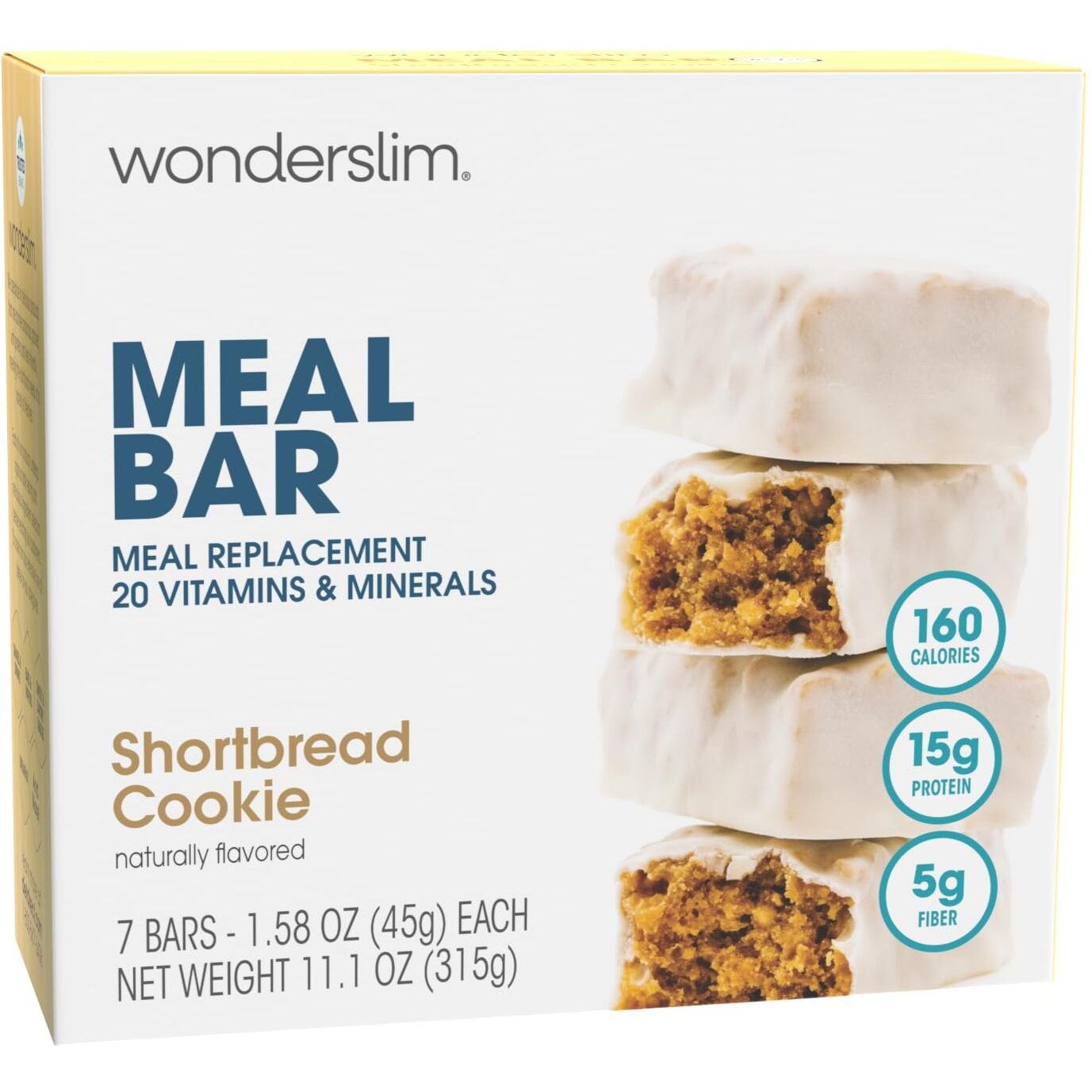 Wonderslim Meal Replacement Protein Bar, Shortbread Cookie, 15G Protein, 20 Vitamins & Minerals, Gluten Free (7Ct)
