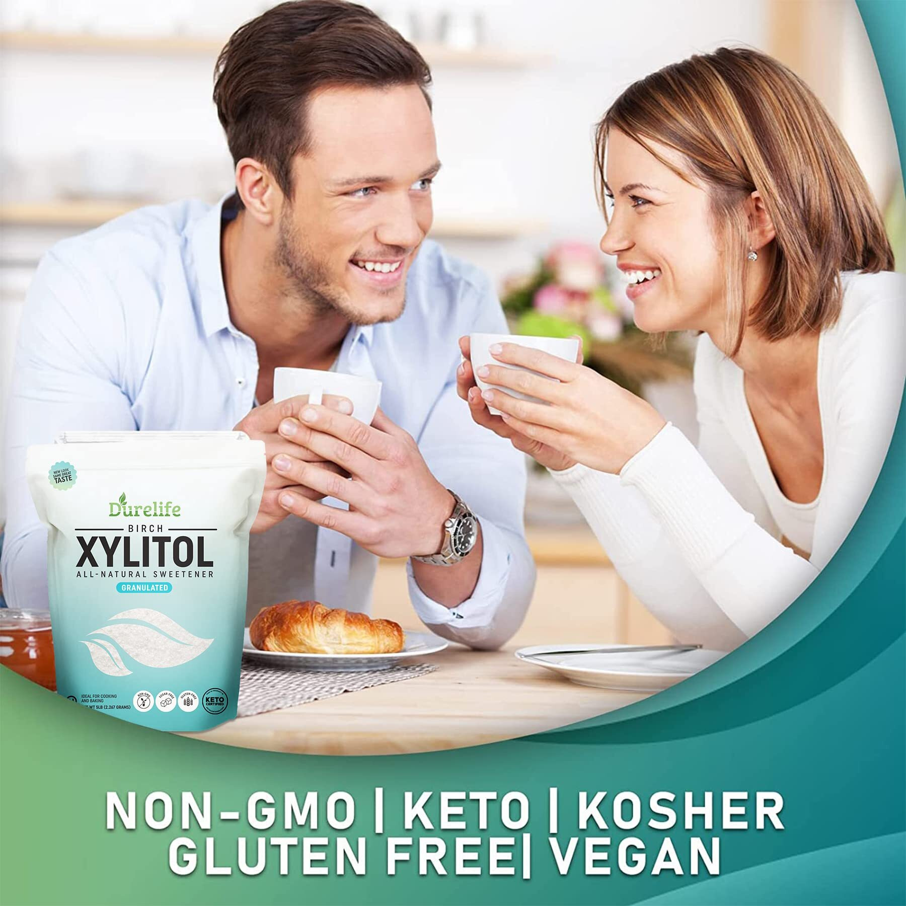 Durelife Xylitol Sugar Substitute 2.5 Lb (40 Oz) Made From 100 % Pure Birch Xylitol Non Gmo - Gluten Free - Kosher, Natural Sugar Alternative,