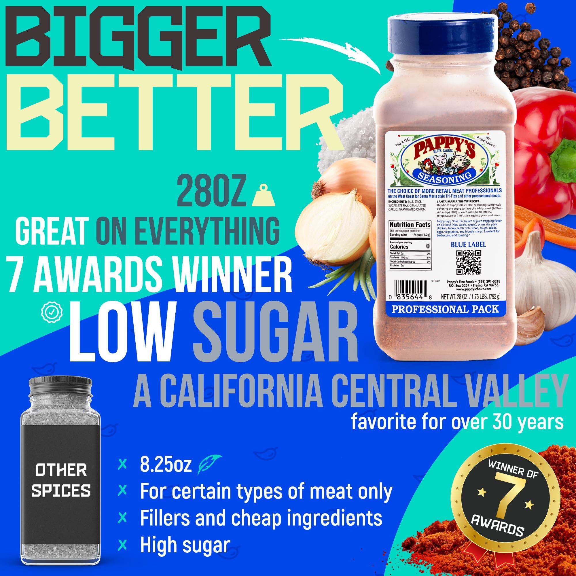 Pappy's Choice Seasonings - Less Salt. Perfect For Bbq And Smoked Brisket, Steak, Beef, Chicken, Fajita, Hogs, Rib, Seafood, Bagel, Popcorn, Jerk, Pizza And More.