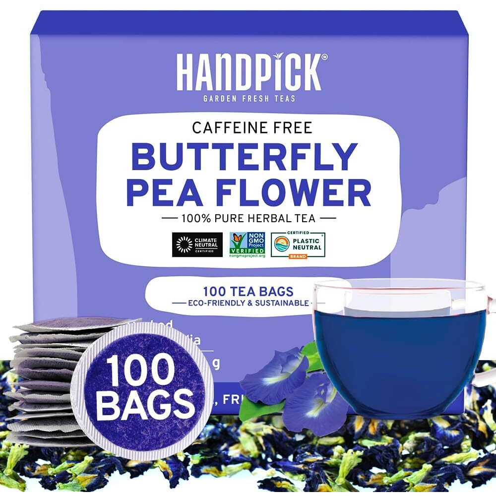 Handpick, Butterfly Pea Flower Tea (100 Herbal Tea Bags) Blue Tea | Caffeine Free, Non Gmo | Premium Dried Butterfly Pea Flowers For Blue & Purple Drinks, Food Coloring | Iced Teas, Coolers, Cocktails