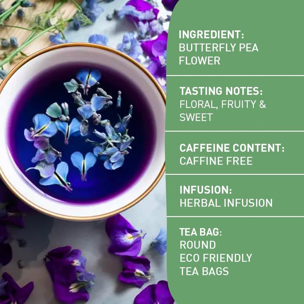 Handpick, Butterfly Pea Flower Tea (100 Herbal Tea Bags) Blue Tea | Caffeine Free, Non Gmo | Premium Dried Butterfly Pea Flowers For Blue & Purple Drinks, Food Coloring | Iced Teas, Coolers, Cocktails