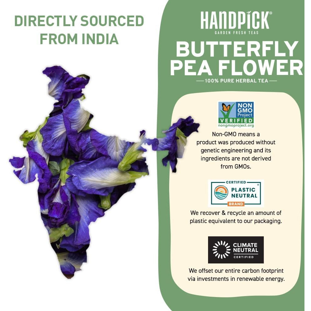 Handpick, Butterfly Pea Flower Tea (100 Herbal Tea Bags) Blue Tea | Caffeine Free, Non Gmo | Premium Dried Butterfly Pea Flowers For Blue & Purple Drinks, Food Coloring | Iced Teas, Coolers, Cocktails