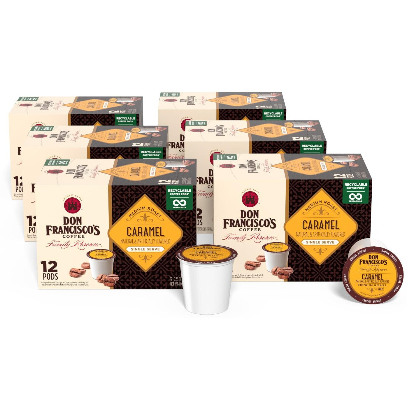 Don Francisco's Caramel Flavored Medium Roast Coffee Pods - 72 Count- Recyclable Single-Serve Coffee Pods, Compatible With Your K- Cup Keurig Coffee Maker