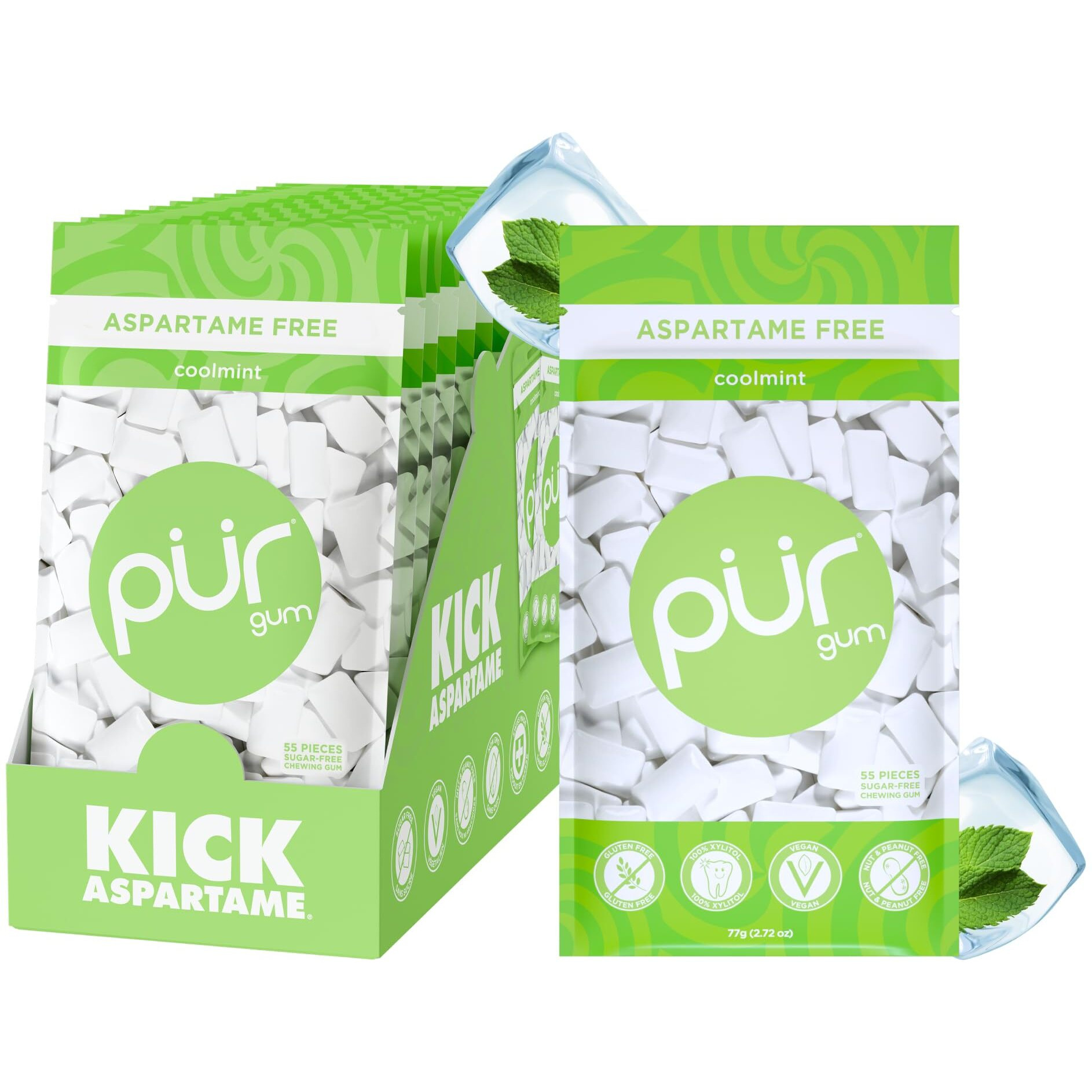 Pur Gum | Aspartame Free Chewing Gum | 100% Xylitol | Natural Coolmint Flavored Gum, 55 Pieces (Pack Of 12)