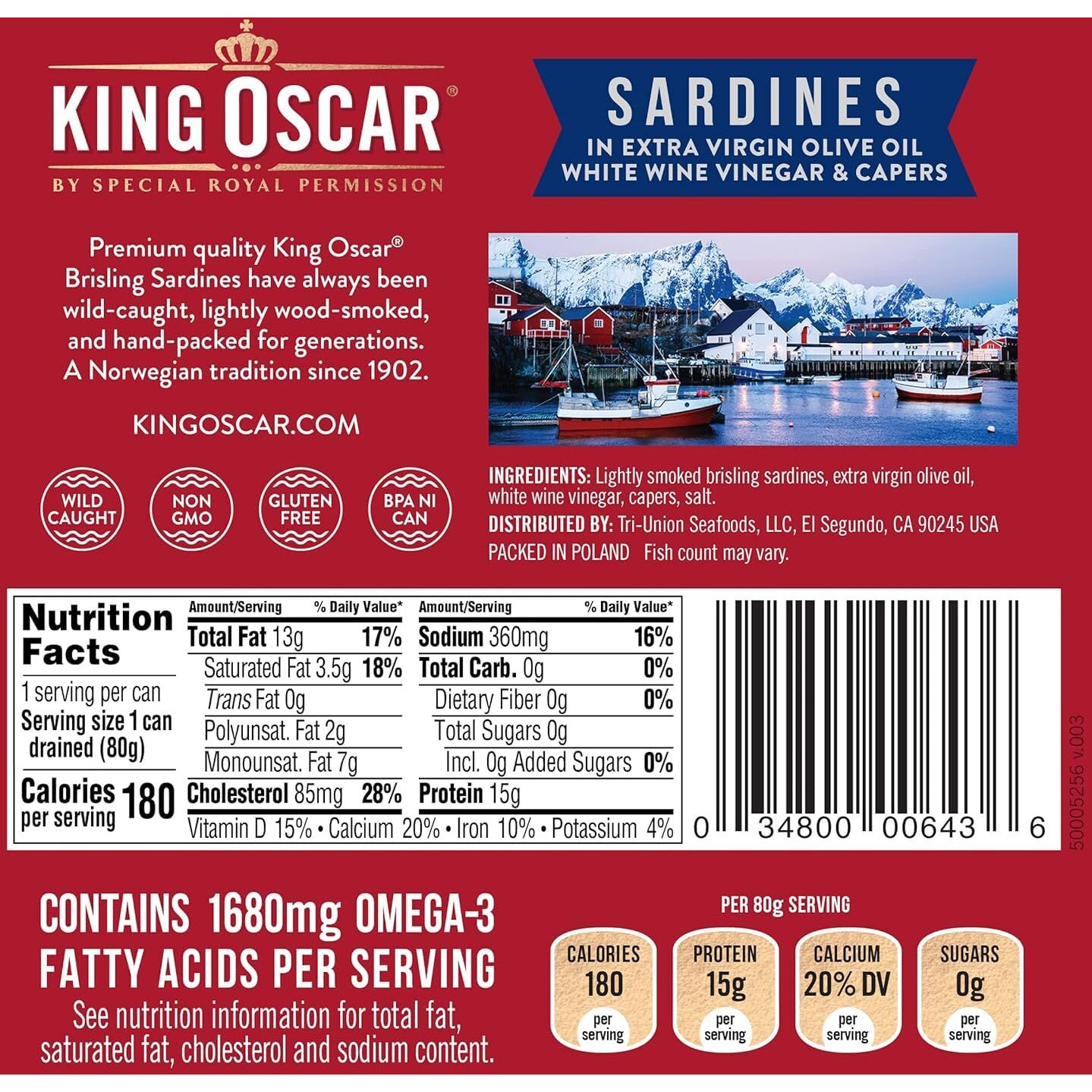 King Oscar Brisling Sardines In Extra Virgin Olive Oil, White Wine Vinegar & Capers, 3.75-Ounce Cans (Pack Of 12)