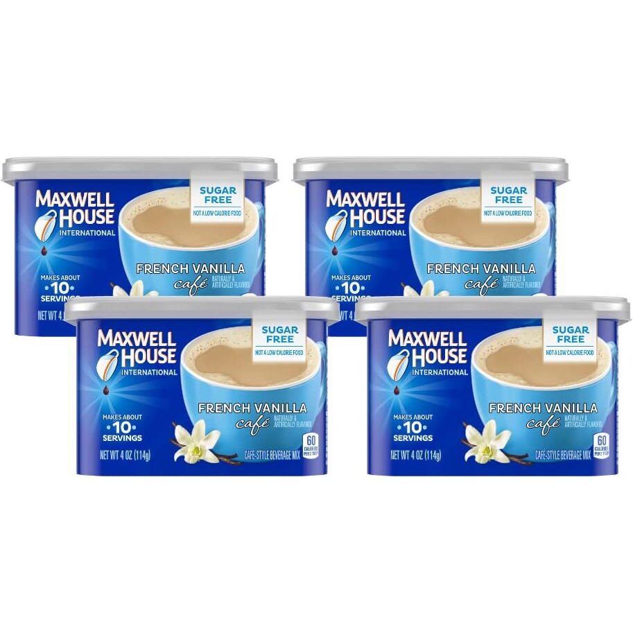 Maxwell House International French Vanilla Sugar Free Cafe Beverage Mix 4 Oz Canisters, Pack Of 4