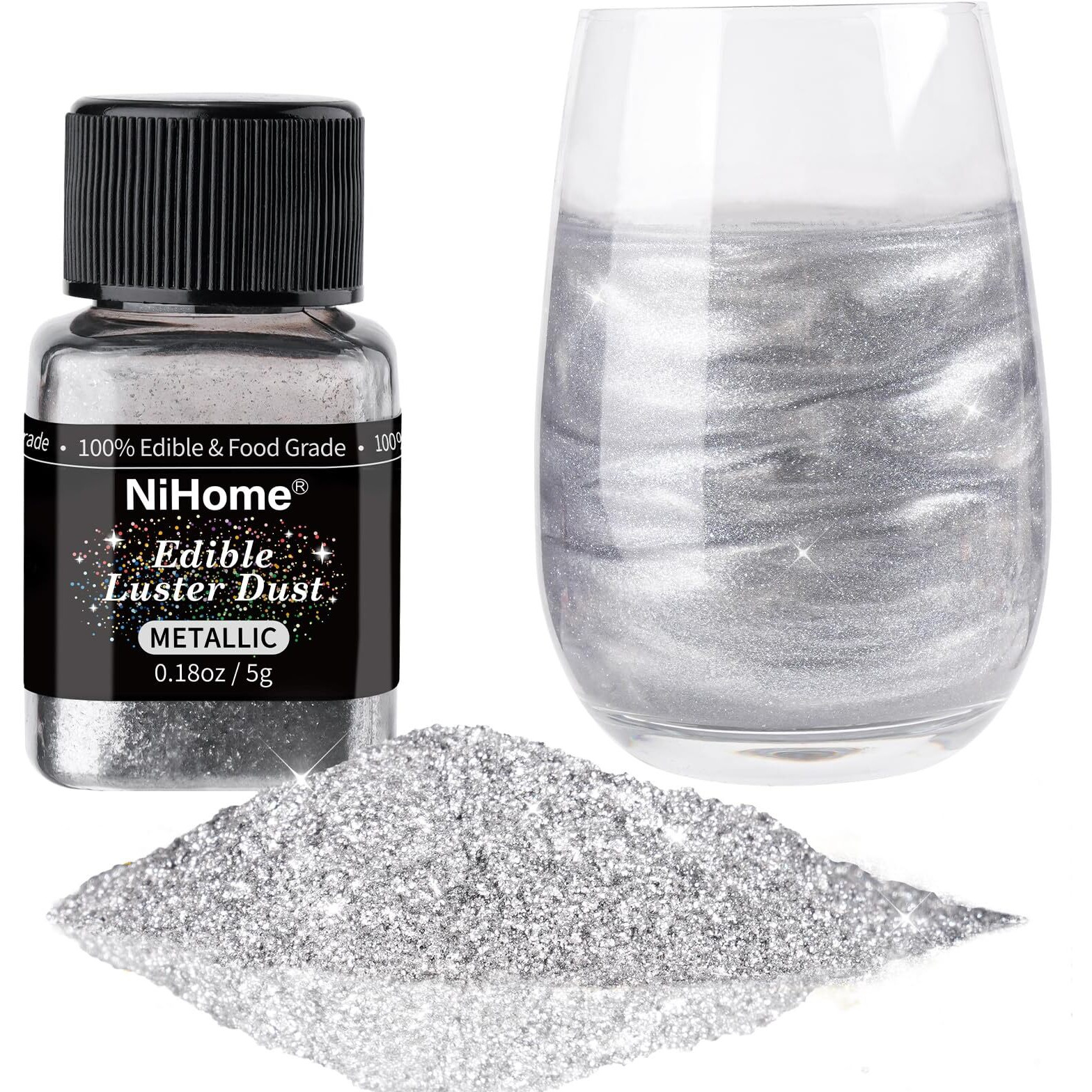 Nihome Edible Food-Grade Glimmer Powder Glitter Luster Dust Food Decorating Sprinkle Dust For Drink Wine Beverage Cake Candy Dessert Home Bakery Restaurant Vegan Allergen-Free (0.18Oz/5G, Metallic)