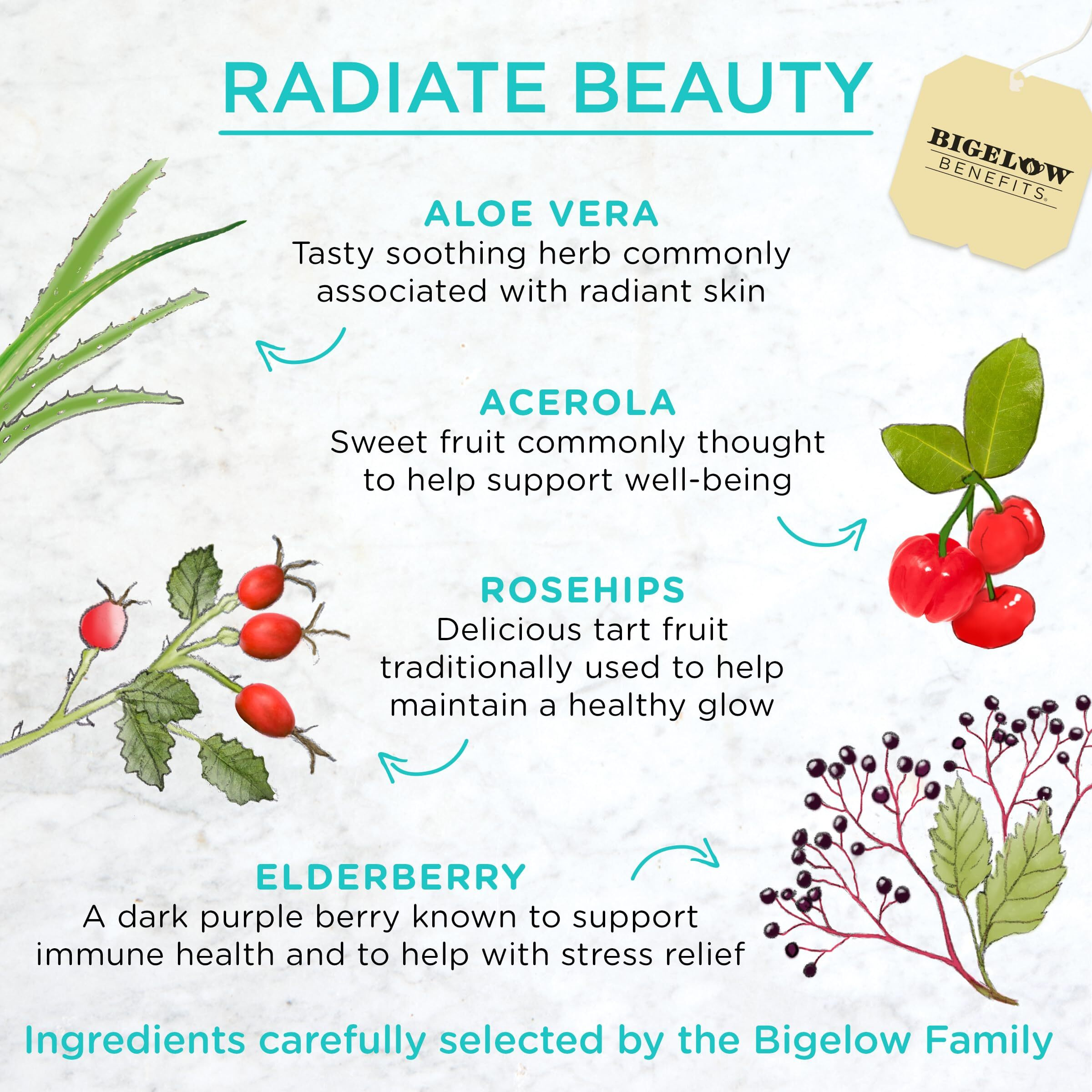 Bigelow Benefits Radiate Beauty Blueberry And Aloe Herbal Tea, Caffeine Free, 18 Count (Pack Of 6), 108 Total Tea Bags