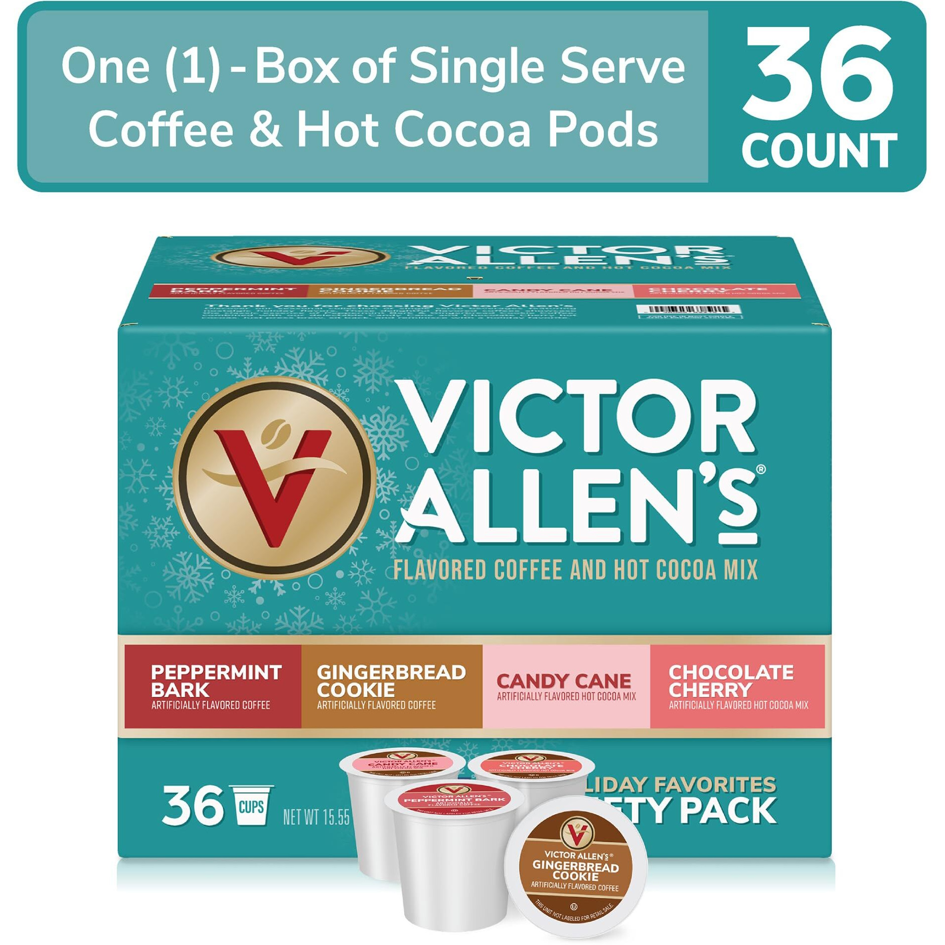 Victor Allen's Coffee Holiday Favorites Coffee & Hot Cocoa Mix Variety Pack, 36 Count, Single Serve K-Cup & Coffee Pods For Keurig K-Cup Brewers