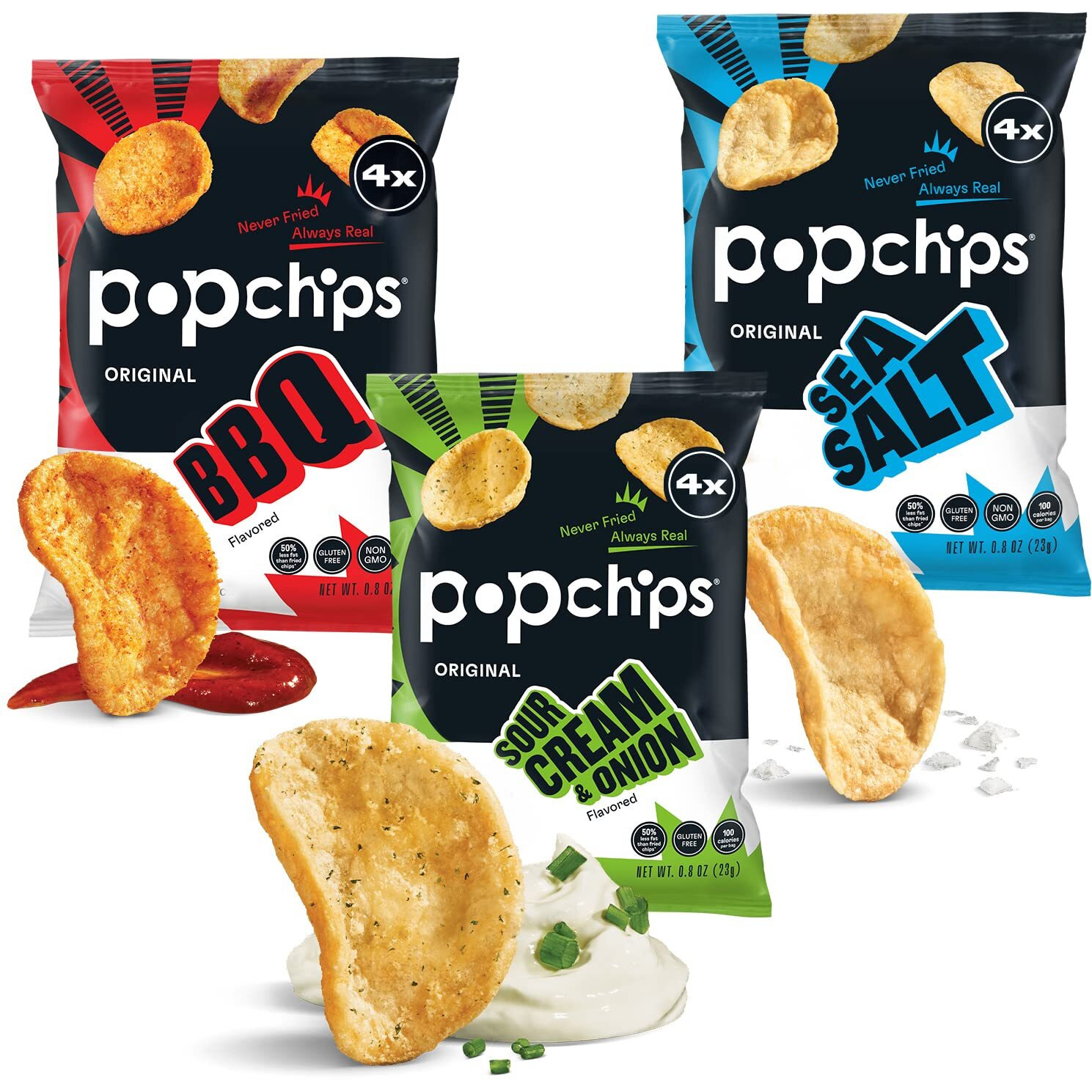 Popchips Potato Chips Variety Pack, Sea Salt, Bbq, Sour Cream & Onion, 12Ct Single Serve 0.8Oz Bags, Gluten Free, Salty Snacks For Adults And Children, Non-Gmo & Kosher, 100 Calories Per Bag