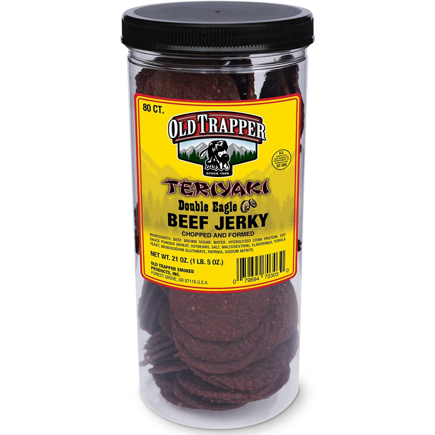 Old Trapper Double Eagle Beef Jerky, Teriyaki Flavor, 21Oz. 80-Piece Jar, Natural Wood Smoked Meat Snacks, 10 Grams Of Protein And 80 Calories Per Serving (Pack Of One)