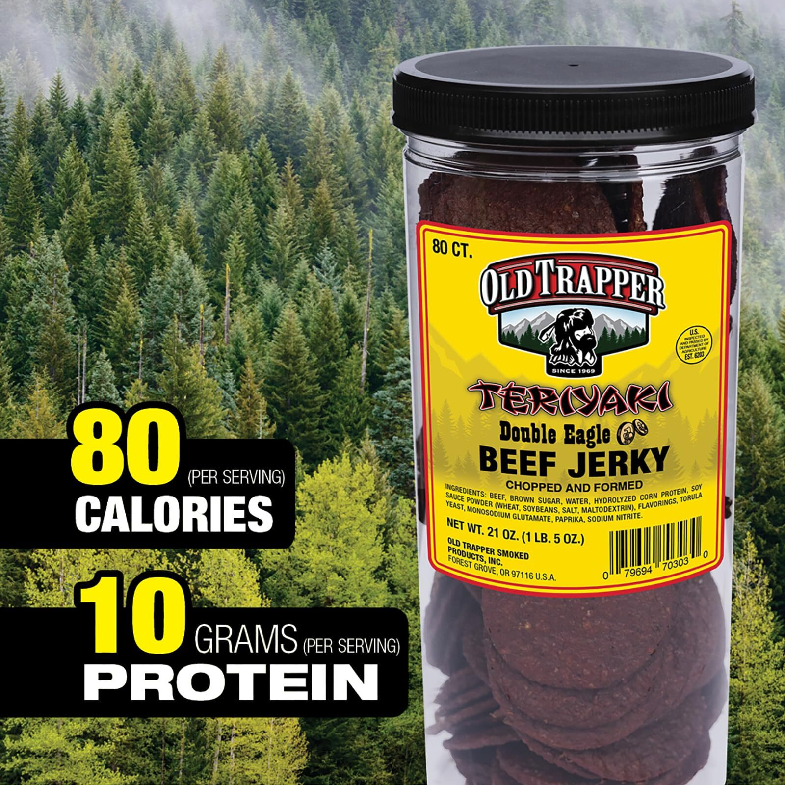 Old Trapper Double Eagle Beef Jerky, Teriyaki Flavor, 21Oz. 80-Piece Jar, Natural Wood Smoked Meat Snacks, 10 Grams Of Protein And 80 Calories Per Serving (Pack Of One)