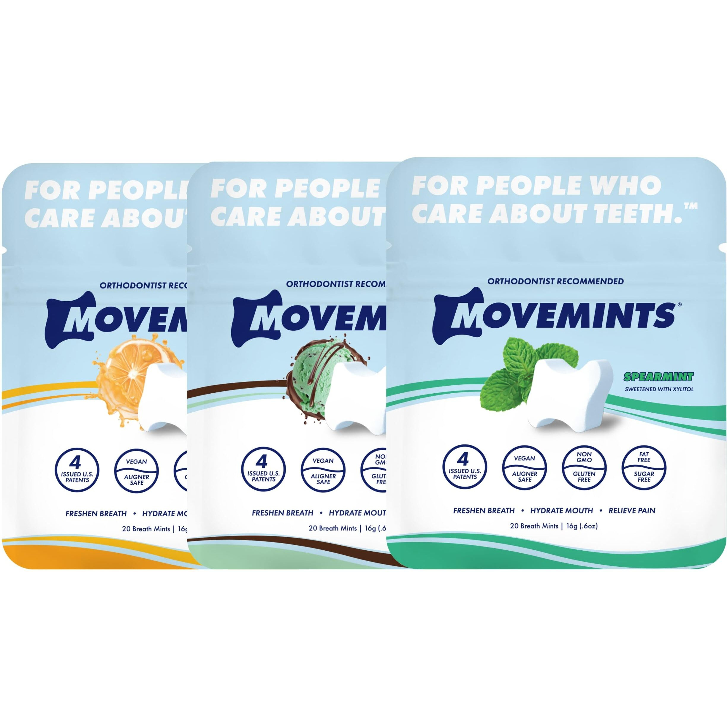 Movemints Clear Aligner Mints - Patented Aligner Seating Mints - Edible Alternative To Aligner Chewies - Xylitol Mints For Dry Mouth - Variety Pack (3 Pack)