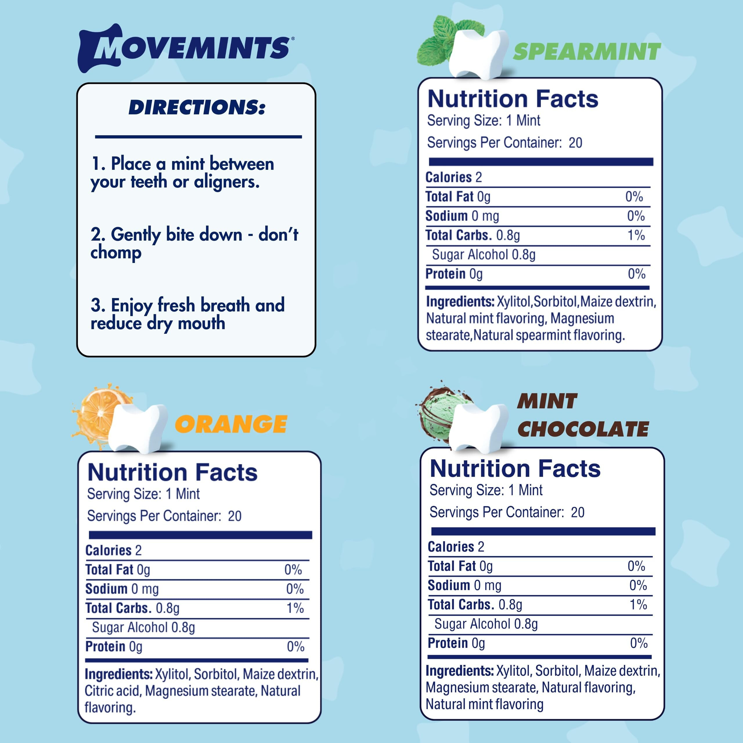 Movemints Clear Aligner Mints - Patented Aligner Seating Mints - Edible Alternative To Aligner Chewies - Xylitol Mints For Dry Mouth - Variety Pack (3 Pack)