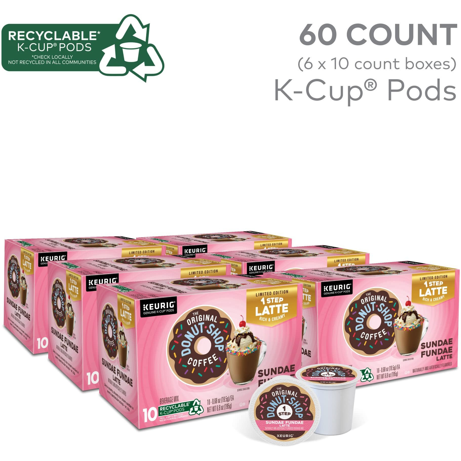 The Original Donut Shop Sundae Fundae One Step Latte, Keurig Single Serve K-Cup Pods, 60 Count (6 Packs Of 10)
