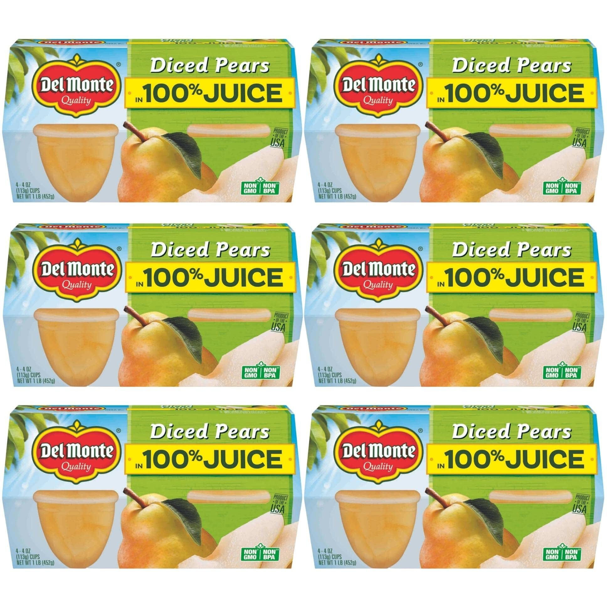 Del Monte Diced Pears In 100% Juice Fruit Cup Snacks, 4 Count - Pack Of 6