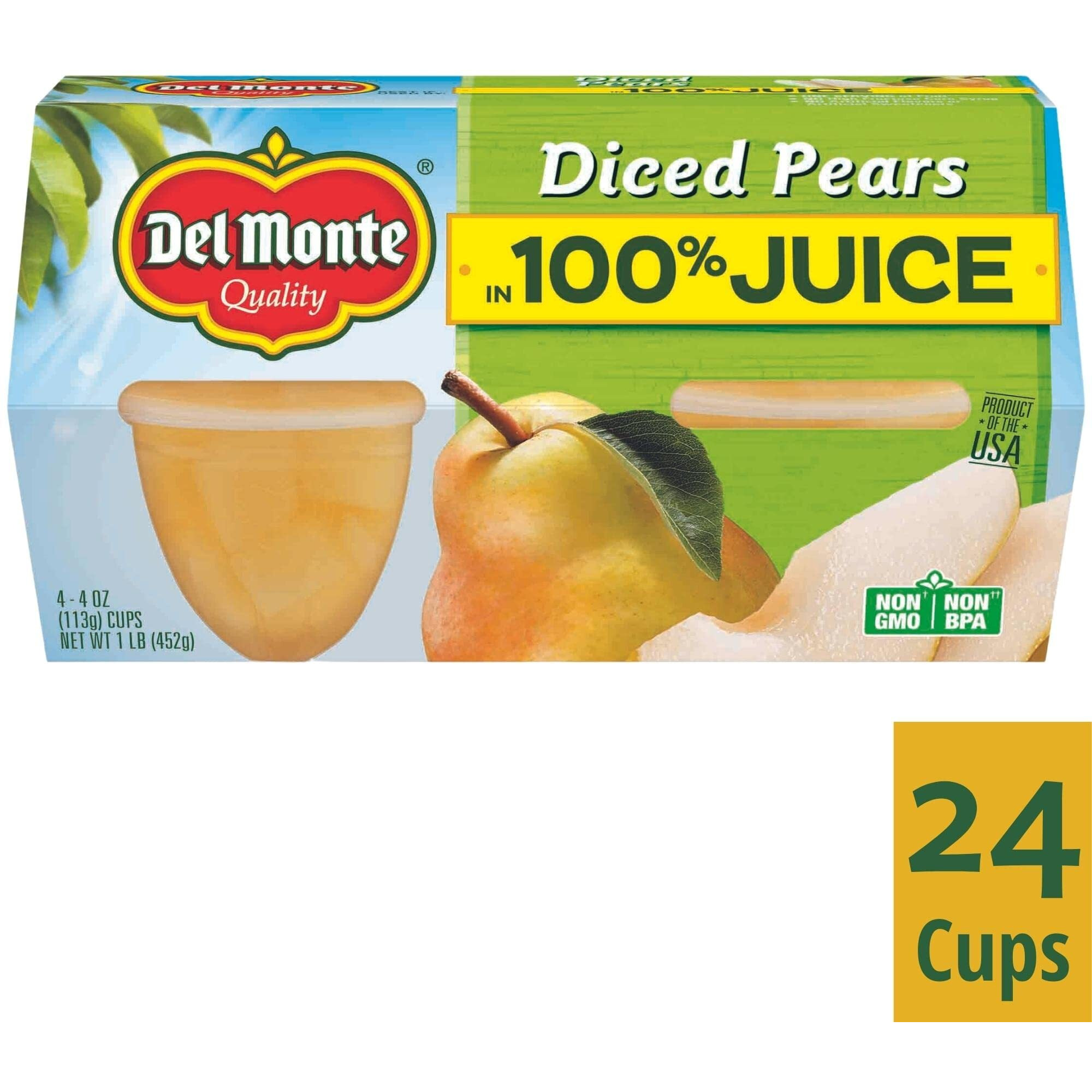 Del Monte Diced Pears In 100% Juice Fruit Cup Snacks, 4 Count - Pack Of 6