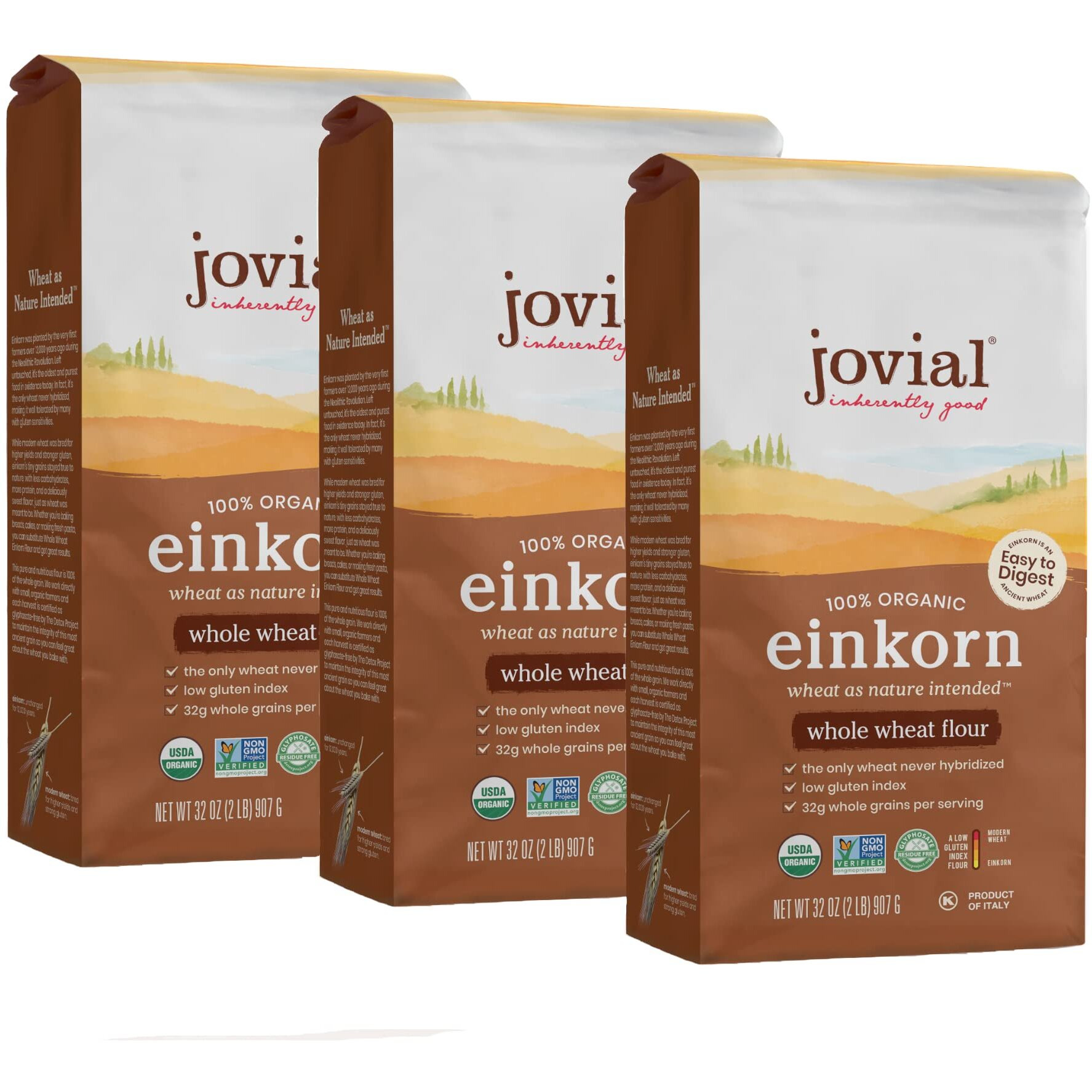 Jovial 100% Organic Einkorn Whole Wheat Flour, 2 Lb. Bag, 3 Count