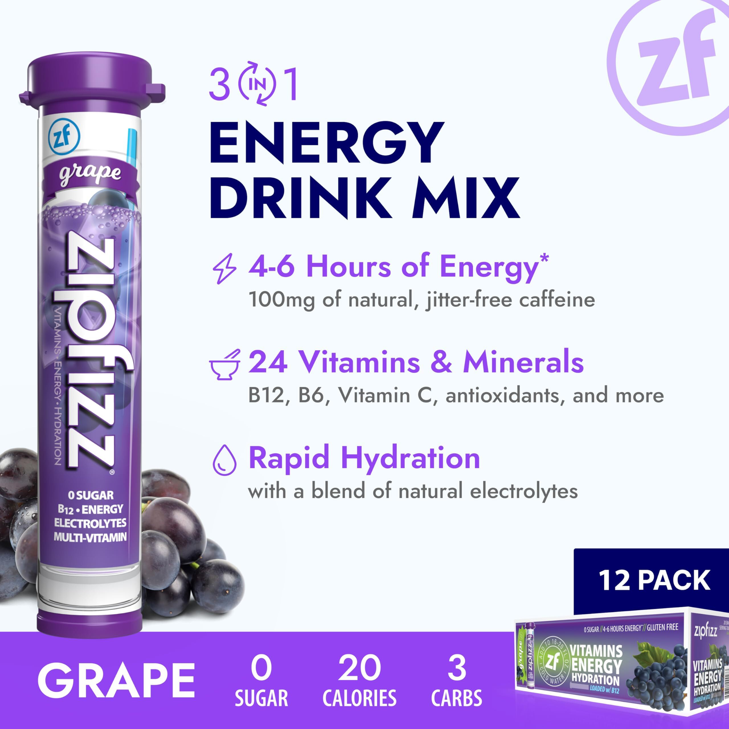 Zipfizz Daily Energy Drink Powder, Grape, 12 Pack | 3-In-1 Sustained Energy, Rapid Hydration, And Essential Vitamins | Sugar-Free | Electrolyte Powder | Contains Vitamin B-12 & Antioxidants