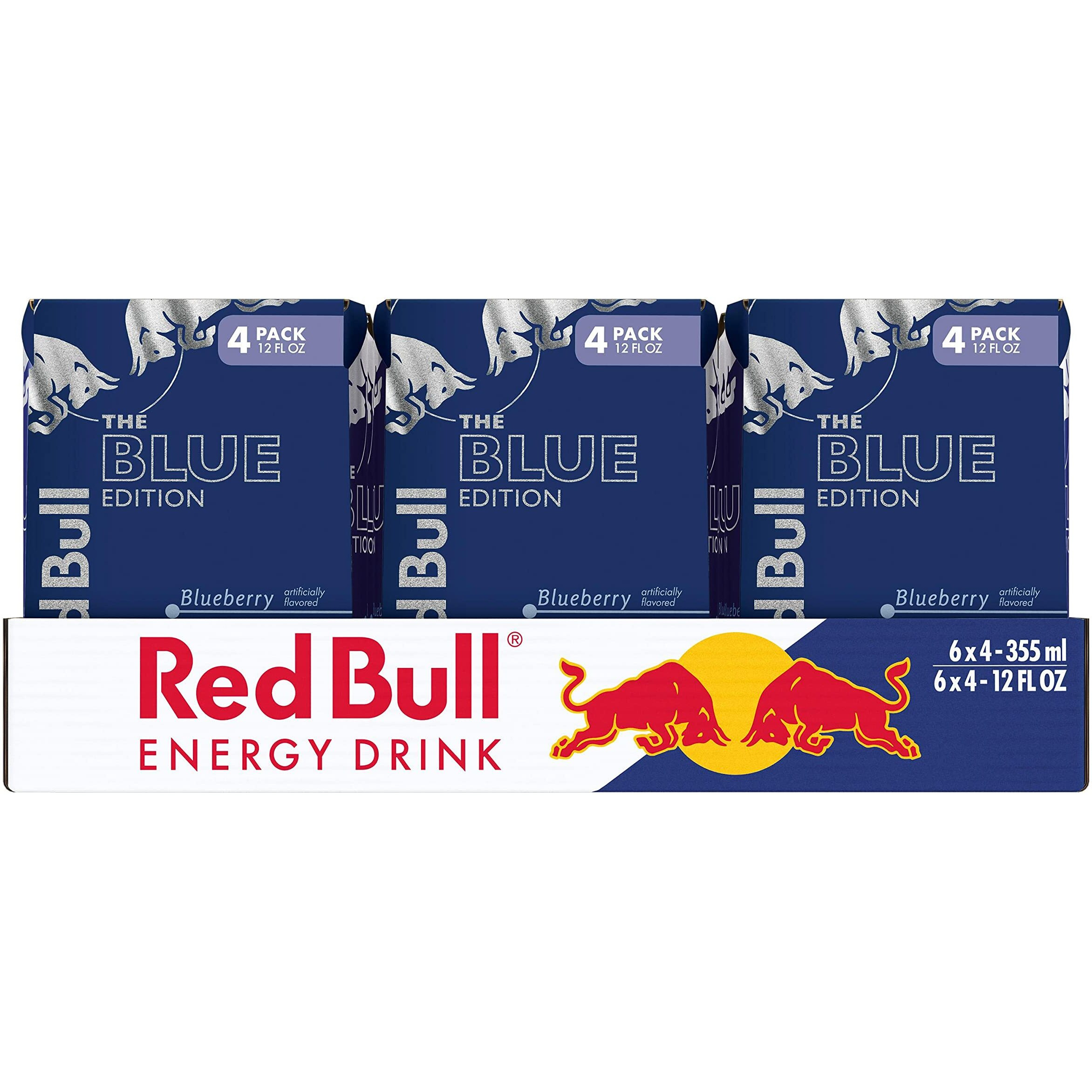 Red Bull Blue Edition Energy Drink, Blueberry, With 114Mg Caffeine Plus Taurine & B Vitamins, 12 Fl Oz, 6 Packs Of 4 Cans (Pack Of 24)
