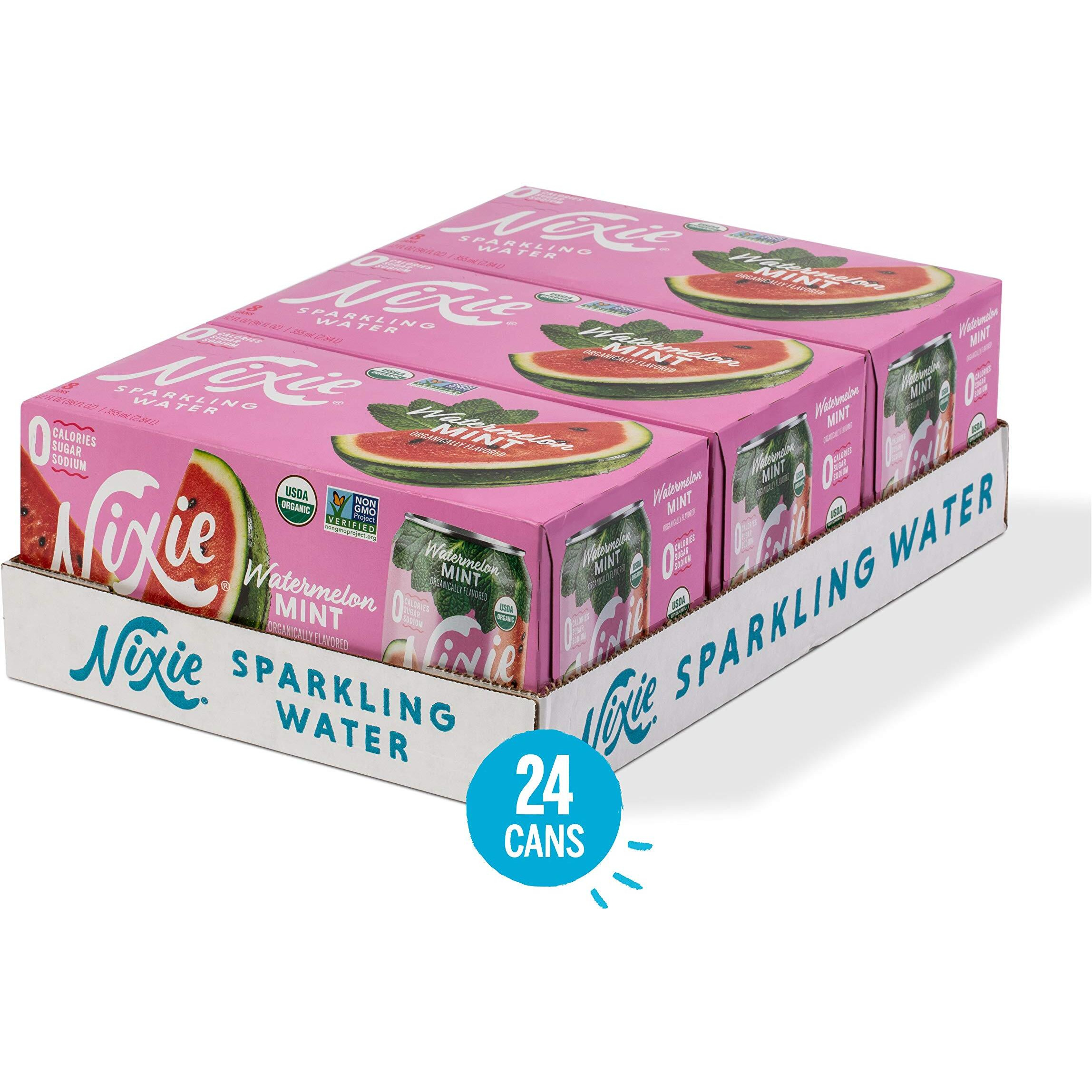 Nixie Sparkling Water, Watermelon Mint | 12 Fl Oz Cans, 24 Pack | Organic, Vegan, Non-Gmo, Gluten Free, 0 Calories, 0 Sugar, 0 Sodium