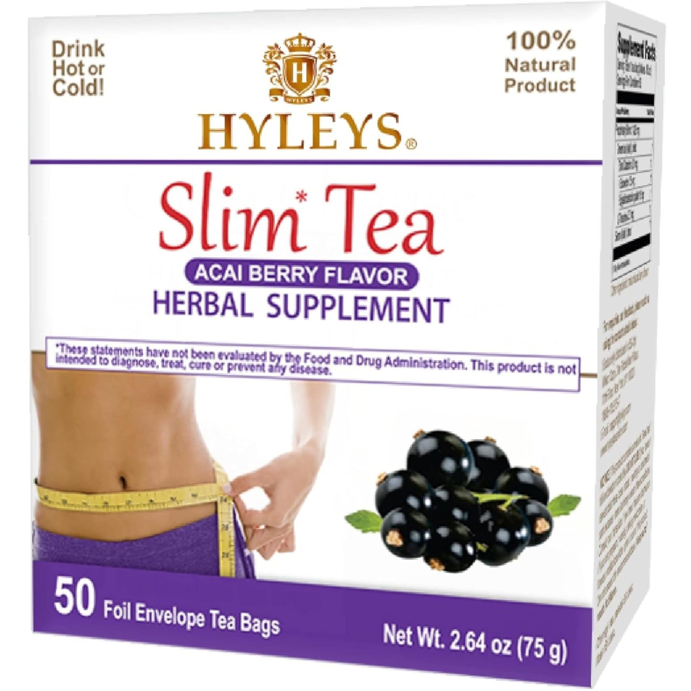 Hyleys Slim Tea Acai Berry With Green Tea & Senna - Herbal Weight Loss Detox Cleanse Supplement For Belly Fat, Bloating & Metabolism Boost - 50 Tea Bags (1 Pack)