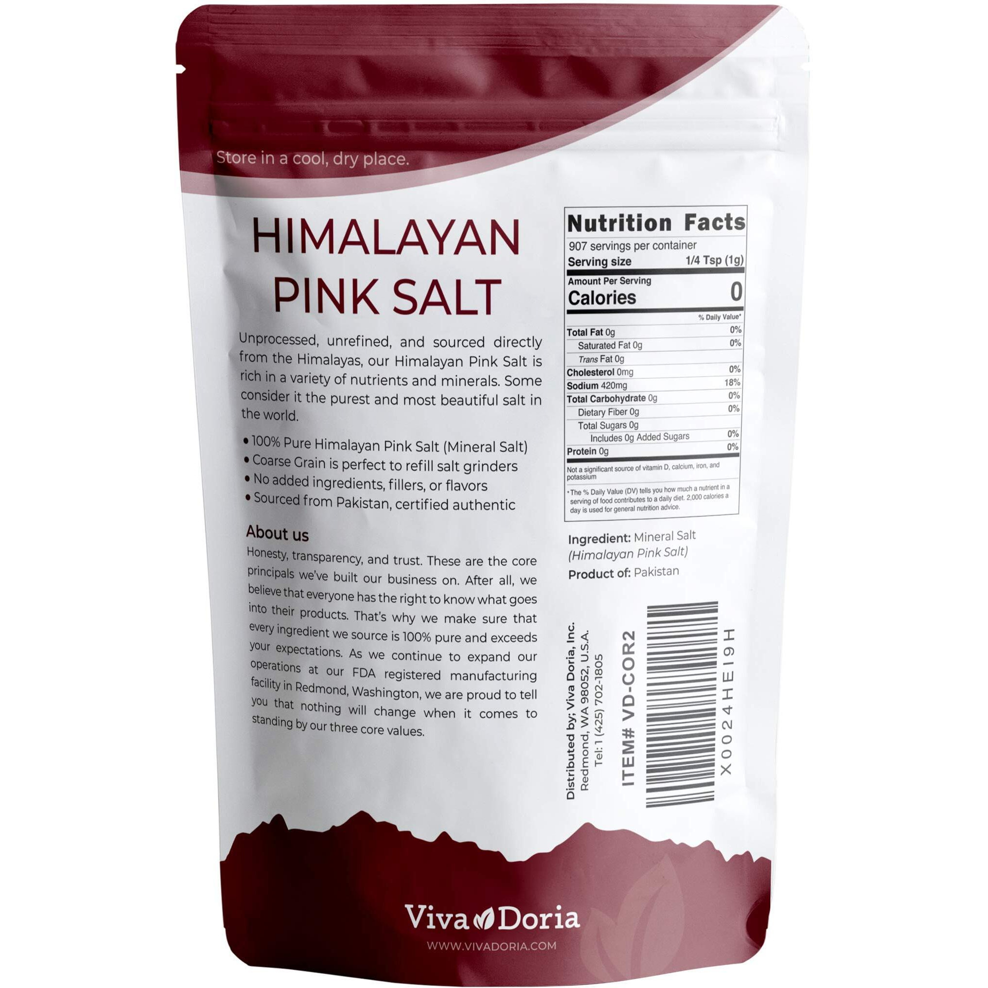 Viva Doria Himalayan Pink Salt, Coarse Grain, Certified Authentic, 2 Lb (907 G) For Grinder Refills