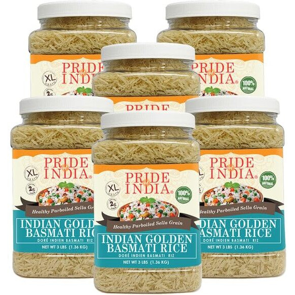 Pride Of India - Pack Of 6 - Extra Long Indian Golden Basmati Rice - Healthy Parboiled Sella Grain, 3Lbs Jar