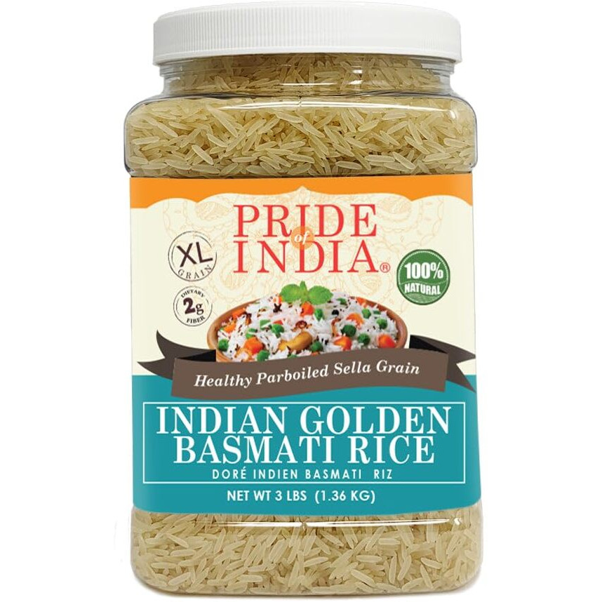 Pride Of India - Pack Of 6 - Extra Long Indian Golden Basmati Rice - Healthy Parboiled Sella Grain, 3Lbs Jar