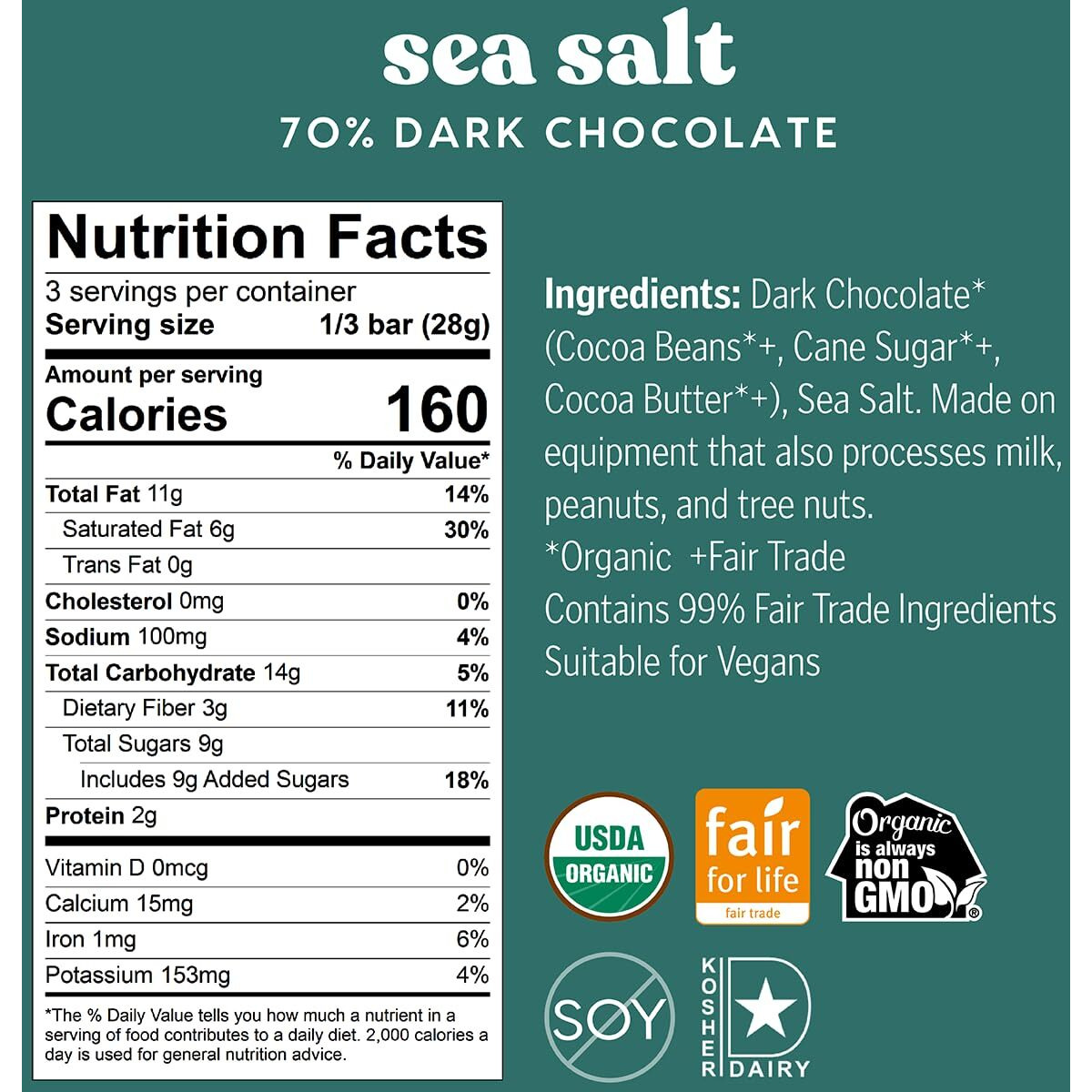 Theo Chocolate Sea Salt Organic Dark Chocolate Bar, 70% Cacao, 12 Pack | Vegan, Fair Trade