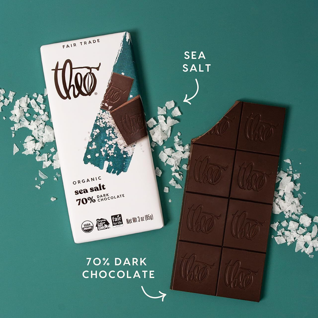 Theo Chocolate Sea Salt Organic Dark Chocolate Bar, 70% Cacao, 12 Pack | Vegan, Fair Trade