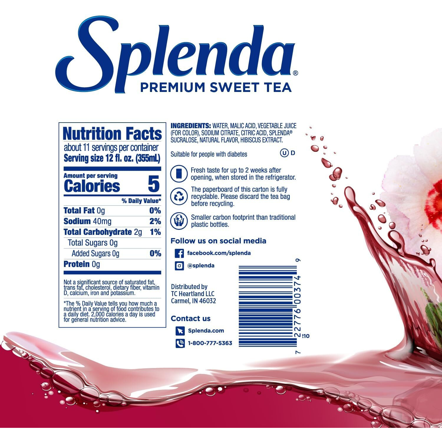 Splenda Premium Sweet Tea On Tap, 1 Gallon Bag In Box Ready To Drink Liquid, Hibiscus Tea, 128 Fl Oz
