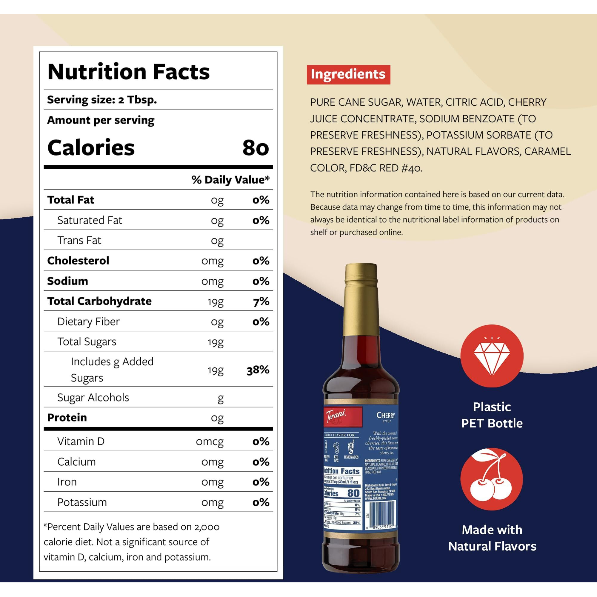 Torani Cherry Syrup For Drinks, Flavoring For Iced Tea, Lemonade, And Sodas, Pump Included, 25.4 Oz