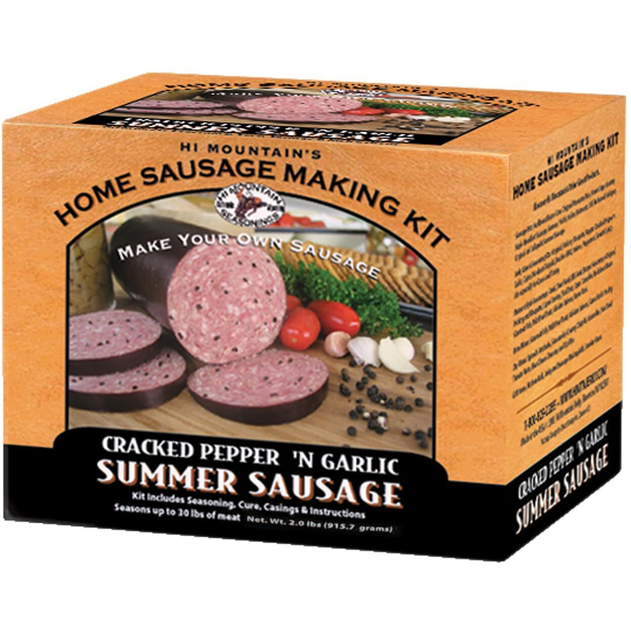 Hi Mountain Seasonings | Summer Sausage Seasoning Kit | Cracked Pepper 'N Garlic | Includes Seasoning, Cure, 10 Casings & Directions | Seasons Up To 30Lbs Of Meat | Beef, Pork, Venison, & Deer