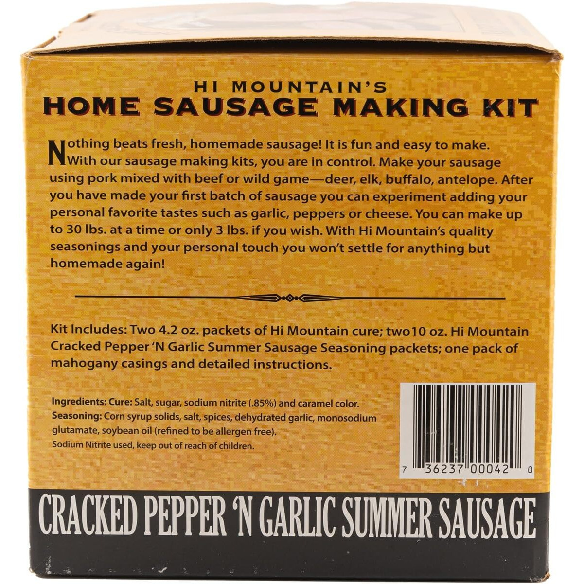 Hi Mountain Seasonings | Summer Sausage Seasoning Kit | Cracked Pepper 'N Garlic | Includes Seasoning, Cure, 10 Casings & Directions | Seasons Up To 30Lbs Of Meat | Beef, Pork, Venison, & Deer