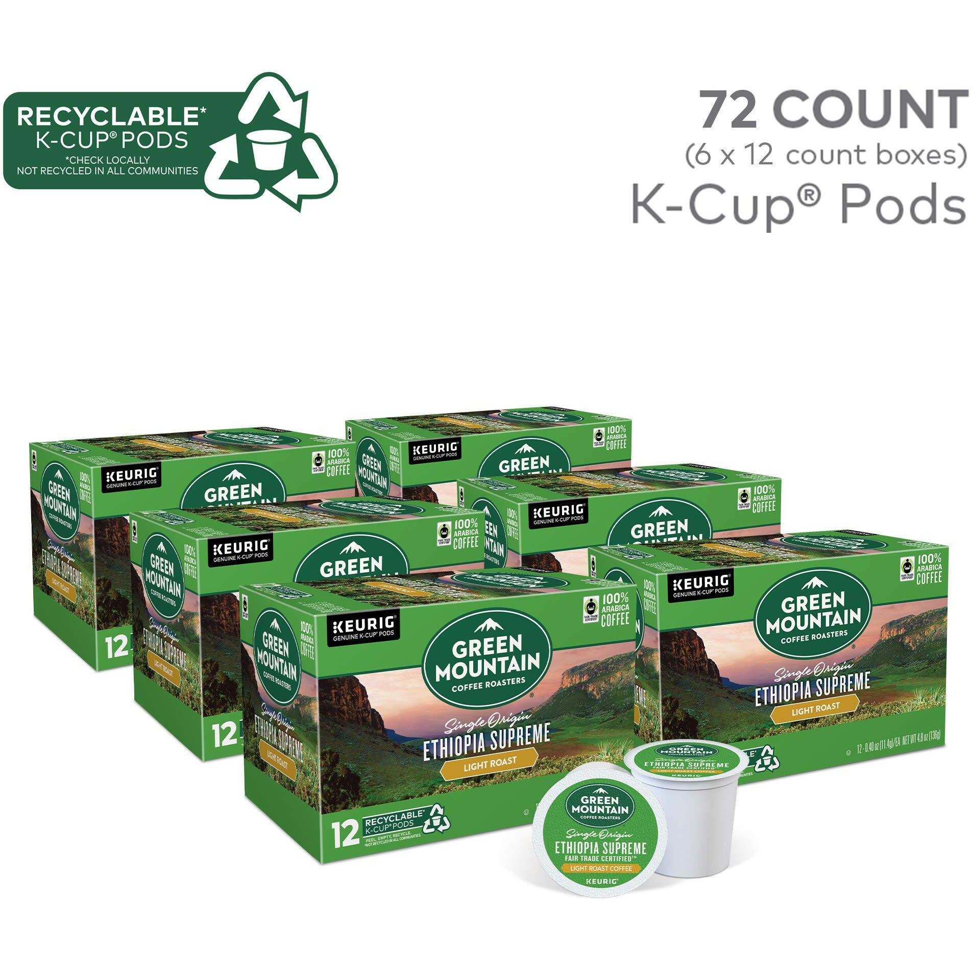 Green Mountain Coffee Ethiopia Supreme Keurig Single-Serve K Cup Pods, Light Roast Coffee, Ethiopia Supreme, 72 Count