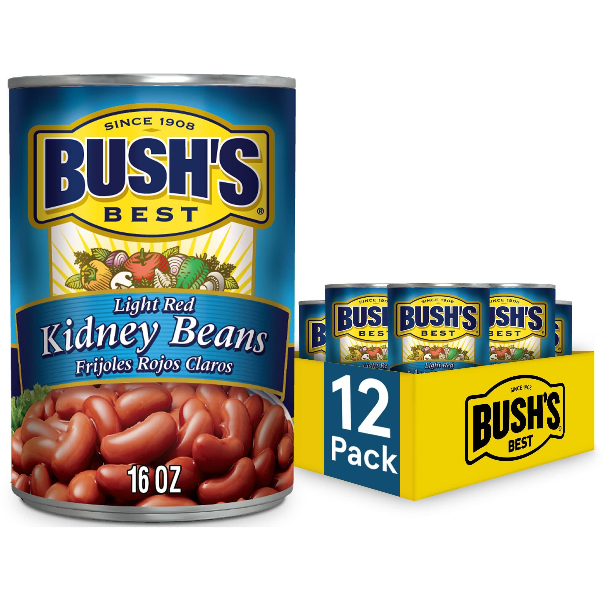 Bush's Best 16 Oz Light Red Kidney Beans, Canned Beans, Kidney Beans Canned, Source Of Plant Based Protein And Fiber, Low Fat, Gluten Free, (Pack Of 12)