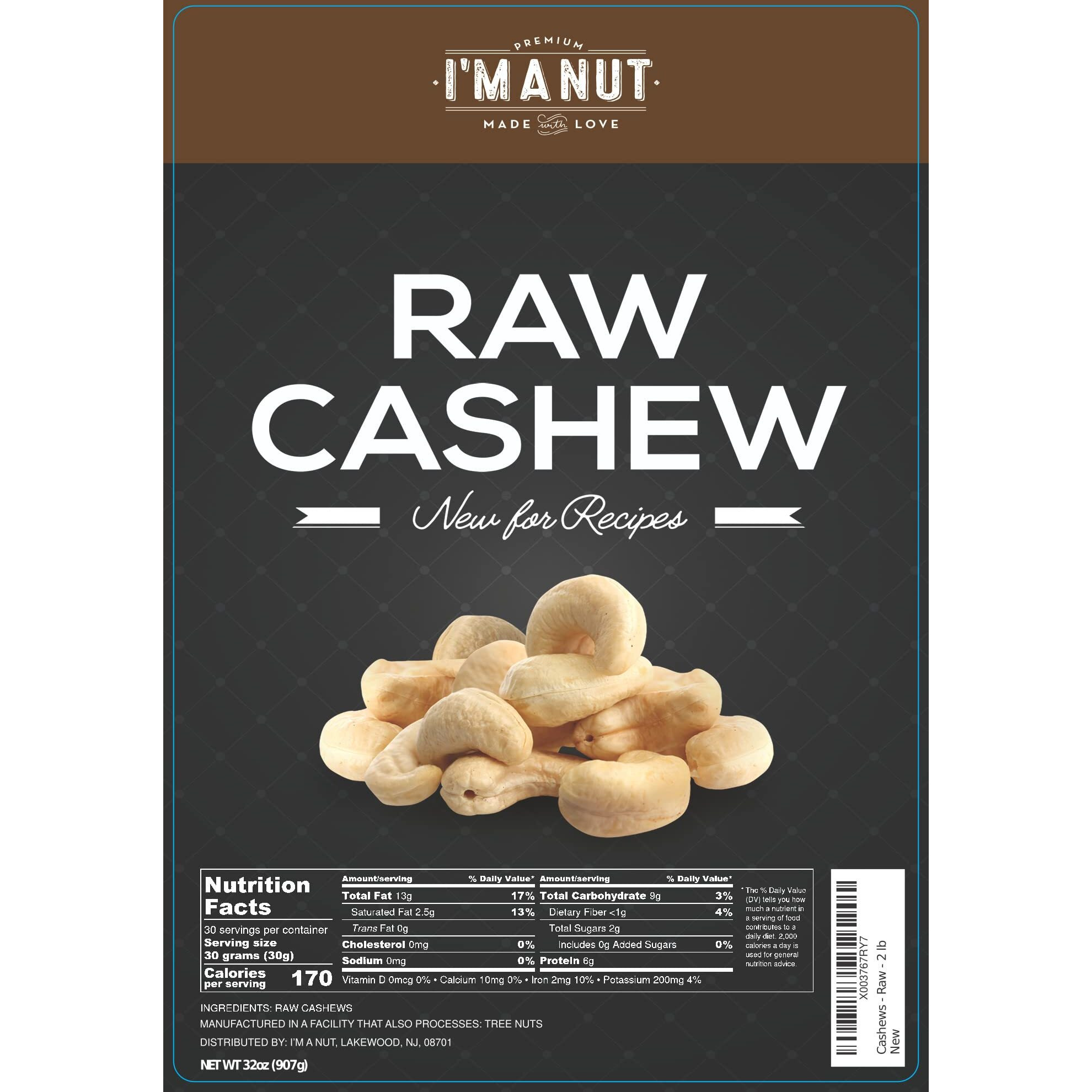 Raw Whole Unsalted Cashews 32 Oz (2 Lb) 100% Natural | No Chemicals | Batch Tested Gluten & Peanut Free | Non-Gmo | Keto And Paleo Diet Friendly