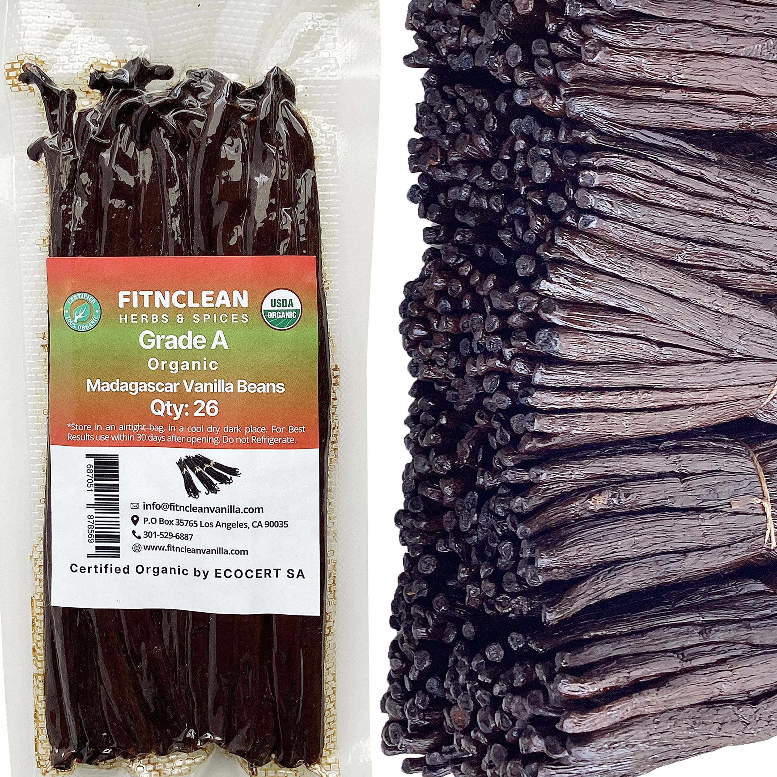 26 Organic Madagascar Vanilla Beans Grade A. Certified Usda Organic. Fresh By Fitnclean Vanilla For Extract, Cooking, Brewing, Baking. Bulk Bourbon Non-Gmo Whole Gourmet Pods