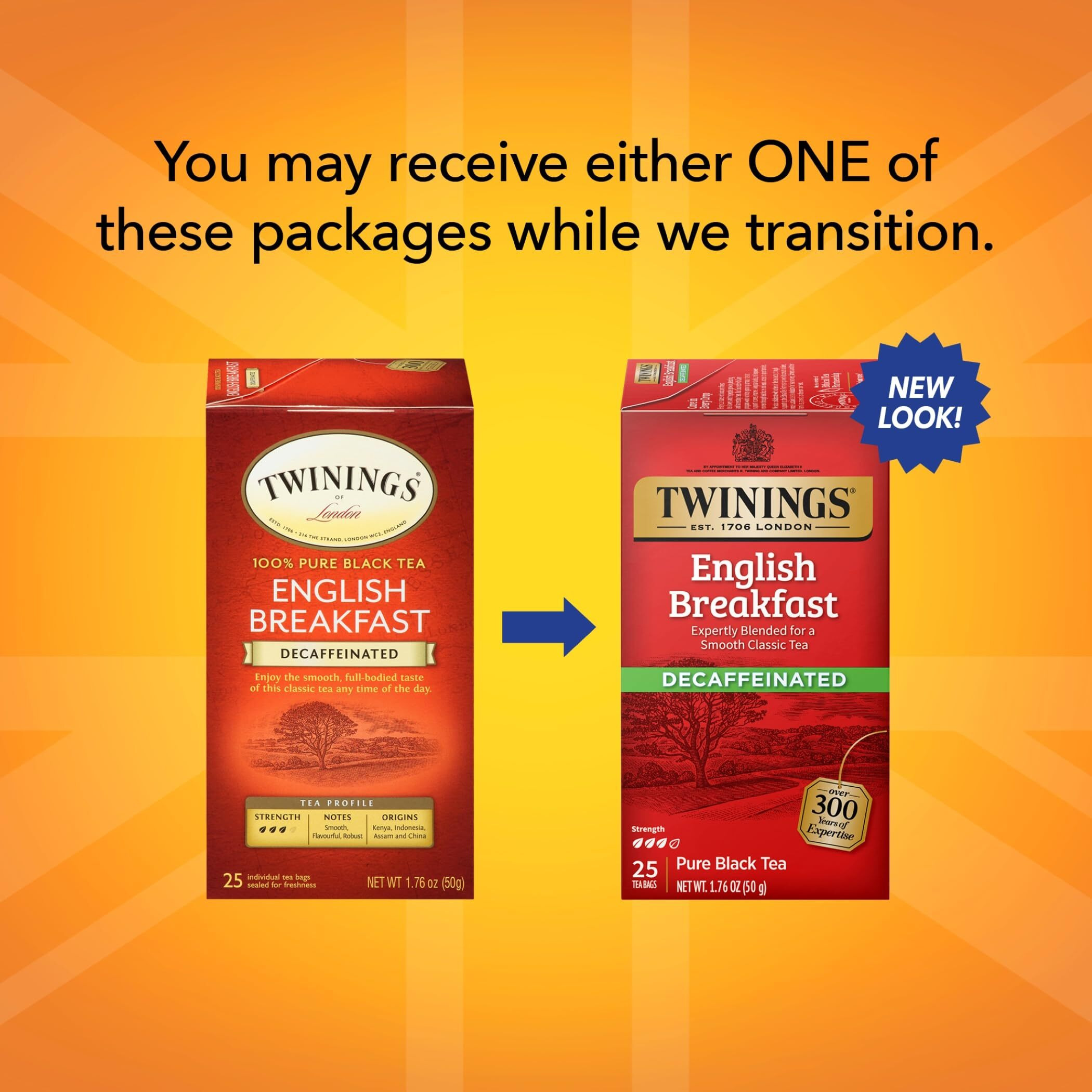 Twinings Decaffeinated English Breakfast Black Tea Individually Wrapped Bags, 25 Count (Pack Of 6), Flavourful, Robust, Enjoy Hot Or Iced | Packaging May Vary