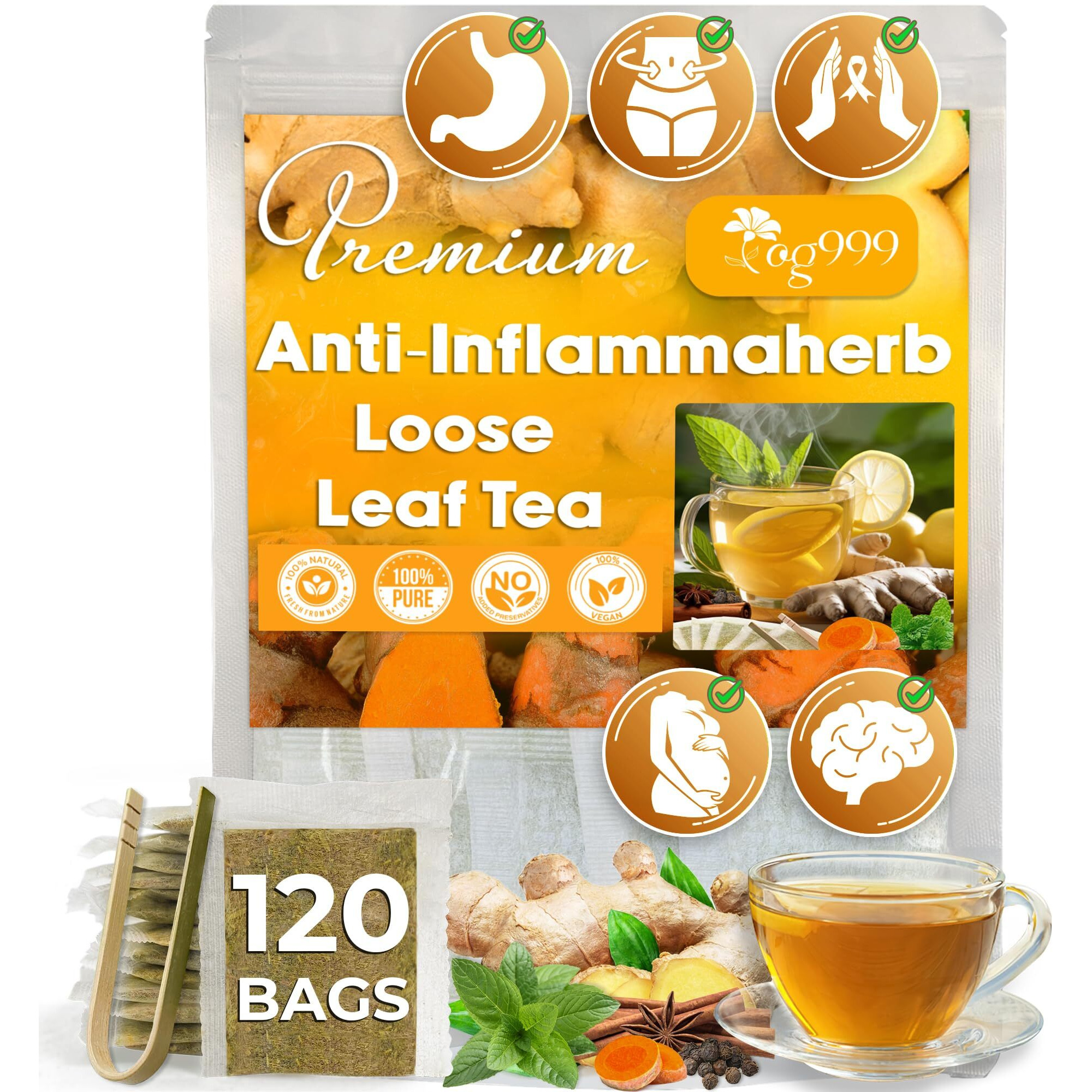 120 Tea Bags - Anti-Inflammaheb Loose Leaf Tea, 100% Natural From Ginger, Turmeric, Peppermint, Black Pepper, Cinnamon. Made With Natural Material Tea Bags. No Sugar, No Caffeine, No Gluten, Vegan. (120 Tea Bags)