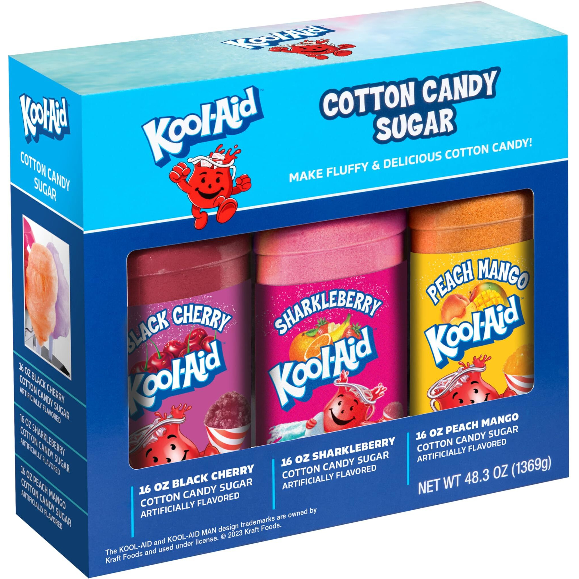 Nostalgia Kool-Aid Cotton Candy Flossing Sugar Party Kit 3-Pack, Black Cherry, Sharkleberry, Peach Mango, 3-16 Oz Bottles - 48 Total Ounces - Bottles Of Cotton Candy Sugar Mix