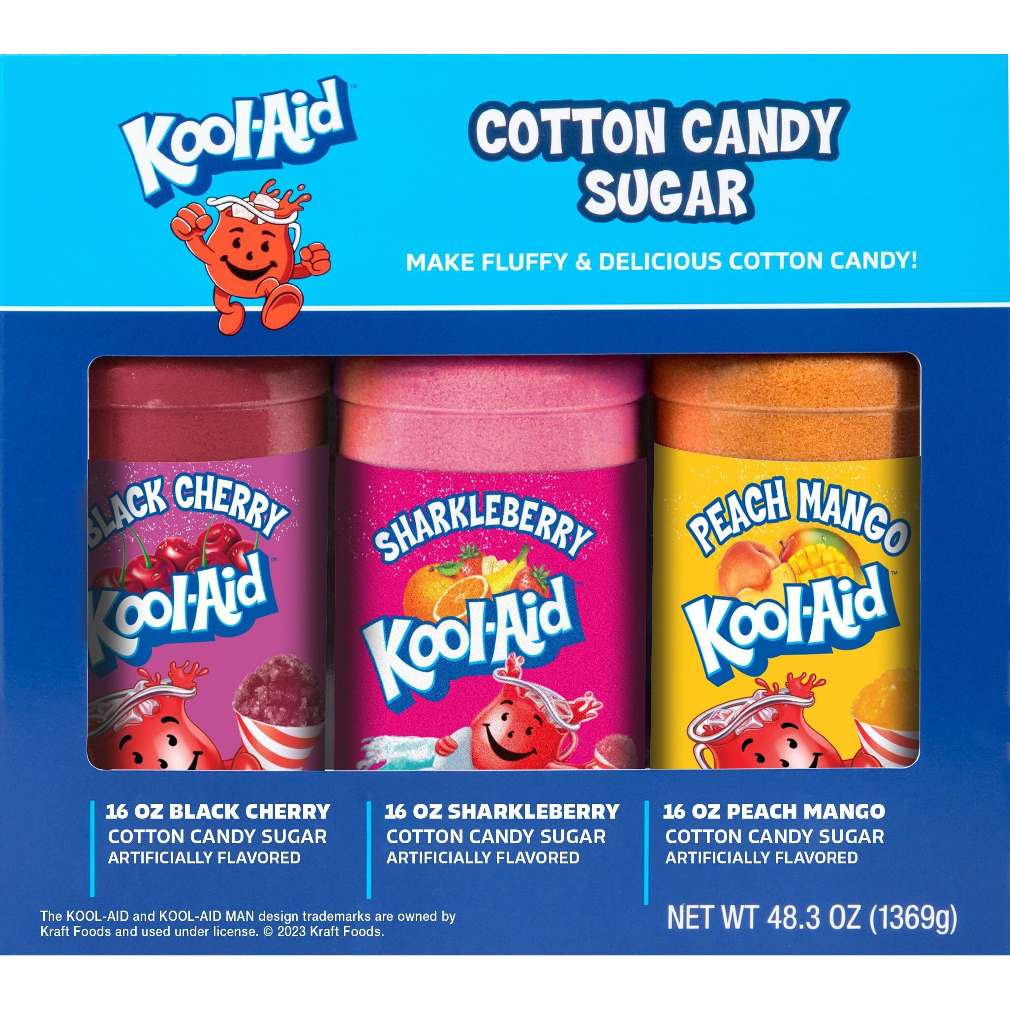 Nostalgia Kool-Aid Cotton Candy Flossing Sugar Party Kit 3-Pack, Black Cherry, Sharkleberry, Peach Mango, 3-16 Oz Bottles - 48 Total Ounces - Bottles Of Cotton Candy Sugar Mix
