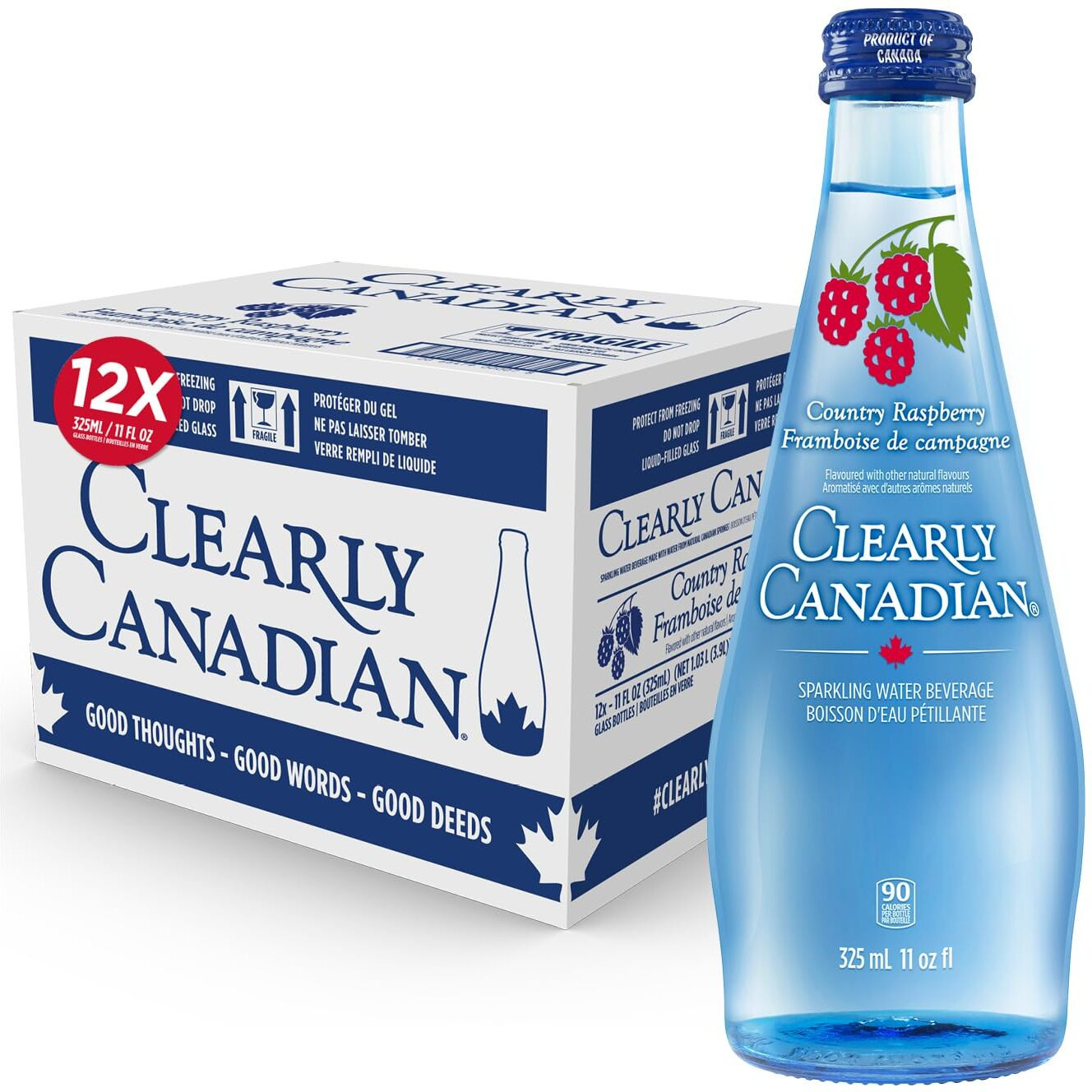 Clearly Canadian Country Raspberry Sparkling Spring Water Beverage, Natural & Carbonated, Flavored Seltzer Water, 1 Case (12 Bottles X 325Ml)