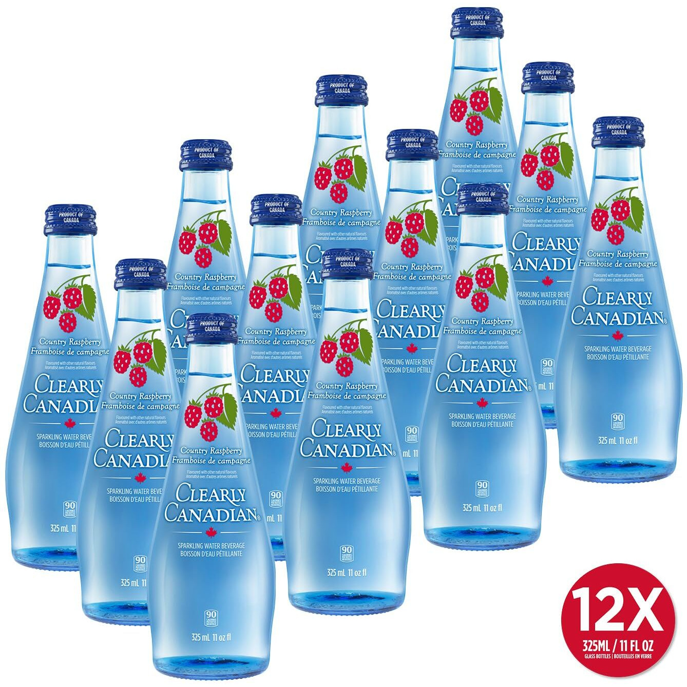 Clearly Canadian Country Raspberry Sparkling Spring Water Beverage, Natural & Carbonated, Flavored Seltzer Water, 1 Case (12 Bottles X 325Ml)
