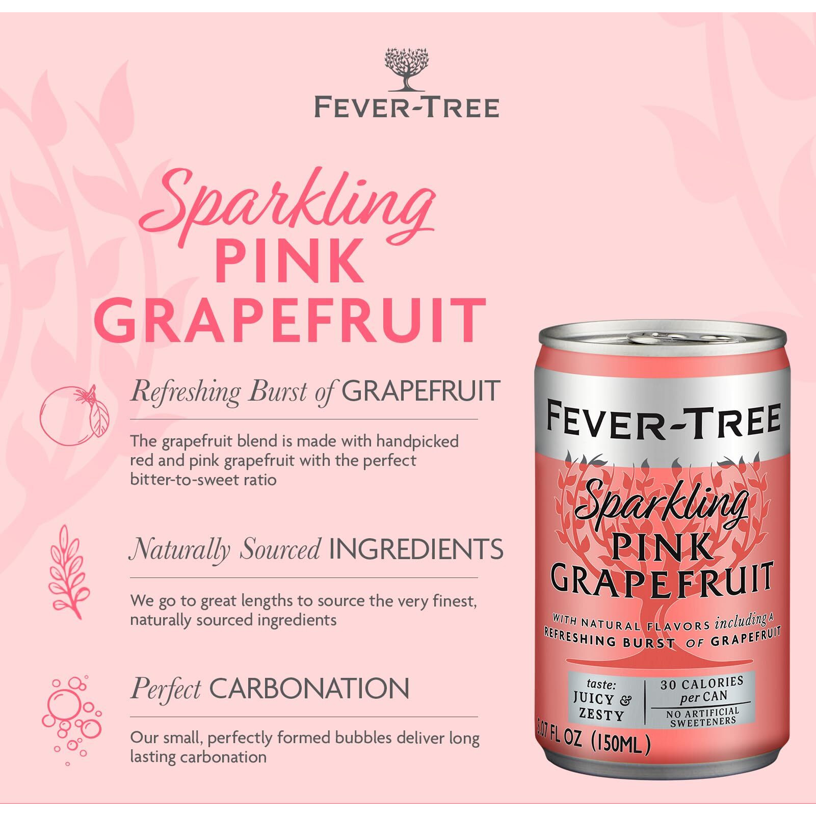 Fever Tree Sparkling Pink Grapefruit - Premium Mixer - Refreshing Beverage For Cocktails & Mocktails. Naturally Sourced Ingredients, No Artificial Sweeteners Or Colors - 150 Ml Cans - Pack Of 24
