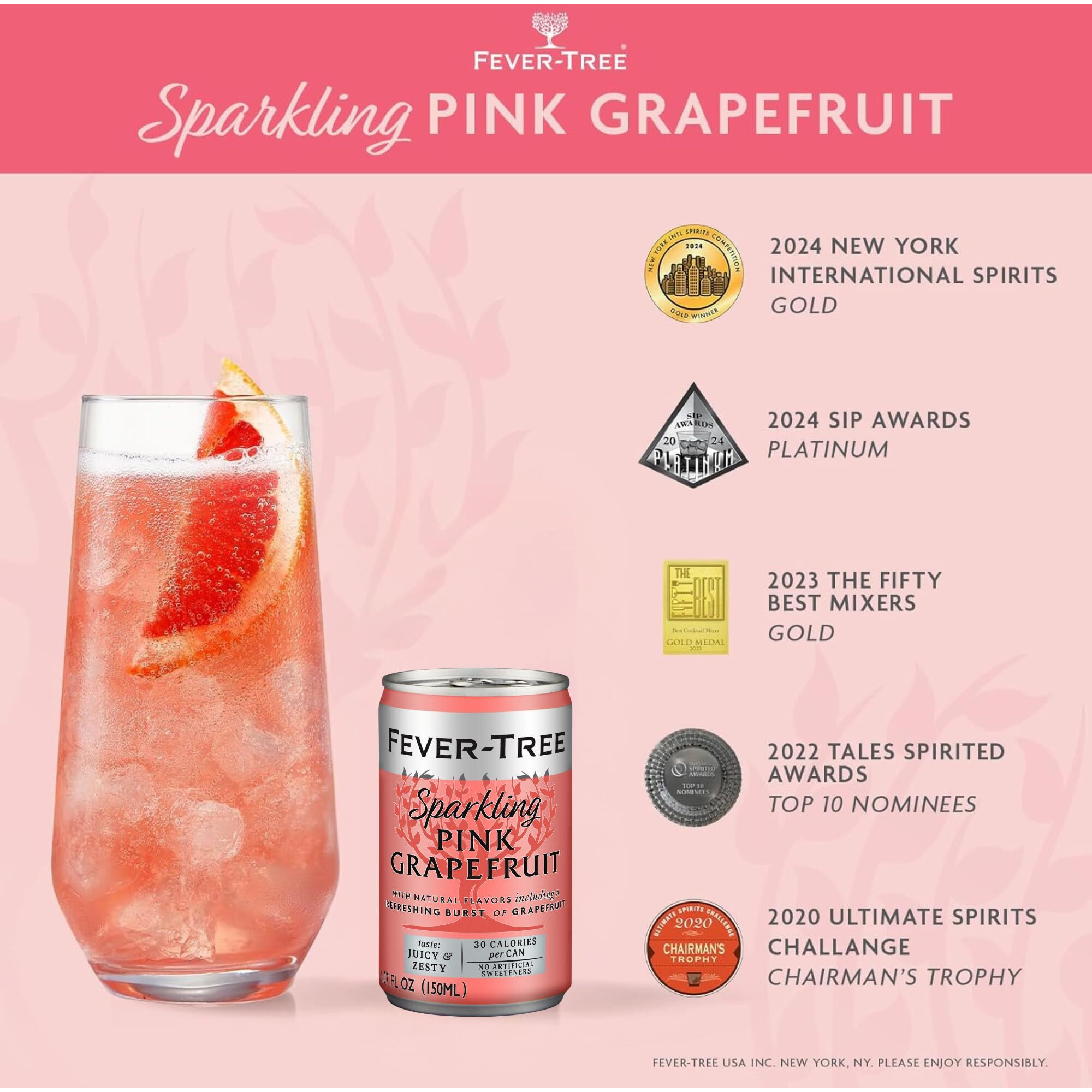 Fever Tree Sparkling Pink Grapefruit - Premium Mixer - Refreshing Beverage For Cocktails & Mocktails. Naturally Sourced Ingredients, No Artificial Sweeteners Or Colors - 150 Ml Cans - Pack Of 24