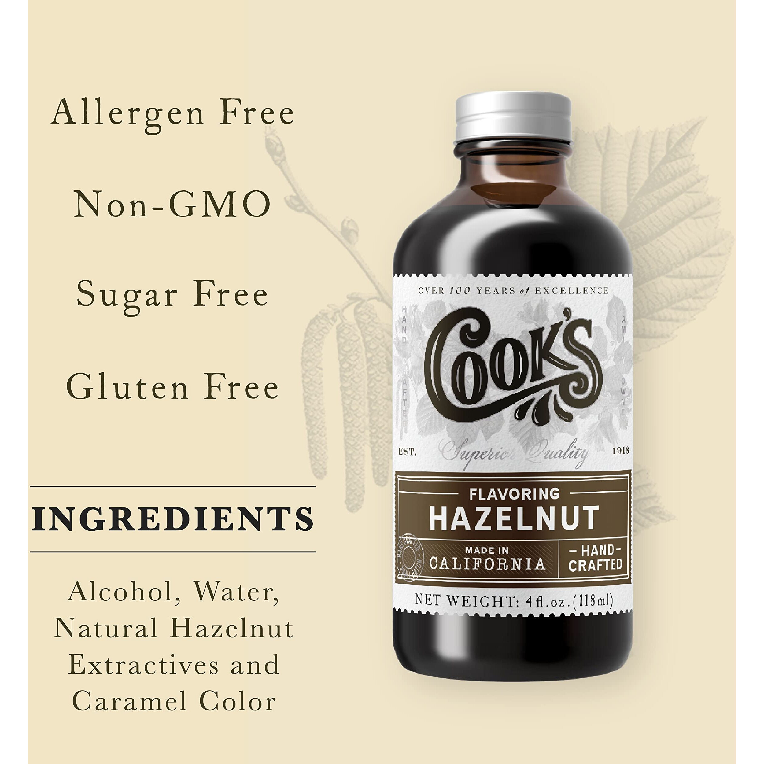 Cook's, Pure Hazelnut Flavor, Perfect For Baking And Cooking, Certified Kosher, Gluten Free, Allergen Free, Vegan, 8 Oz