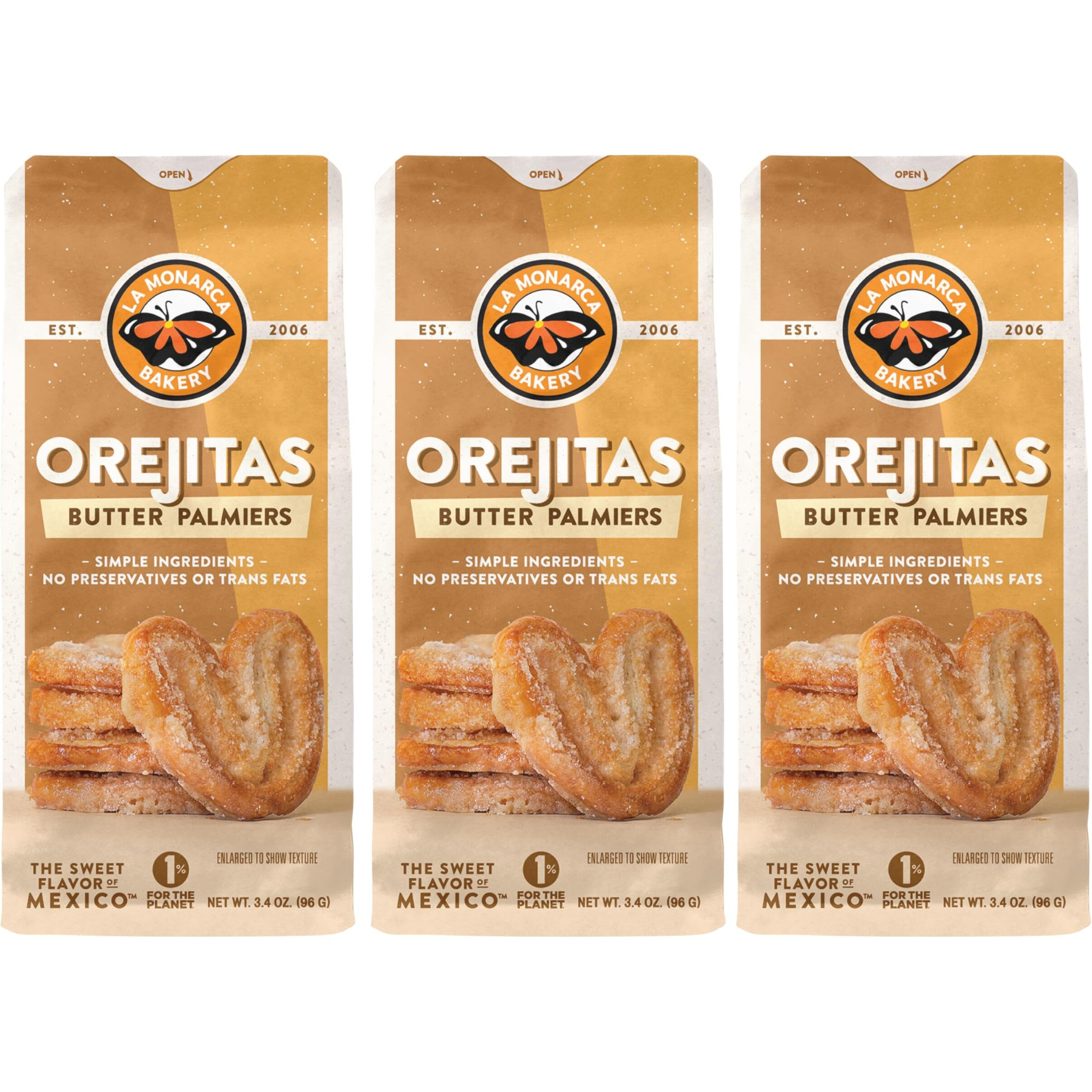 Orejitas Cookies, 3.4 Ounce (Pack Of 3), Flaky And Crunchy Mexican Inspired Mini Palmiers Made With Real Butter And Lightly Dusted With Sugar By La Monarca Bakery