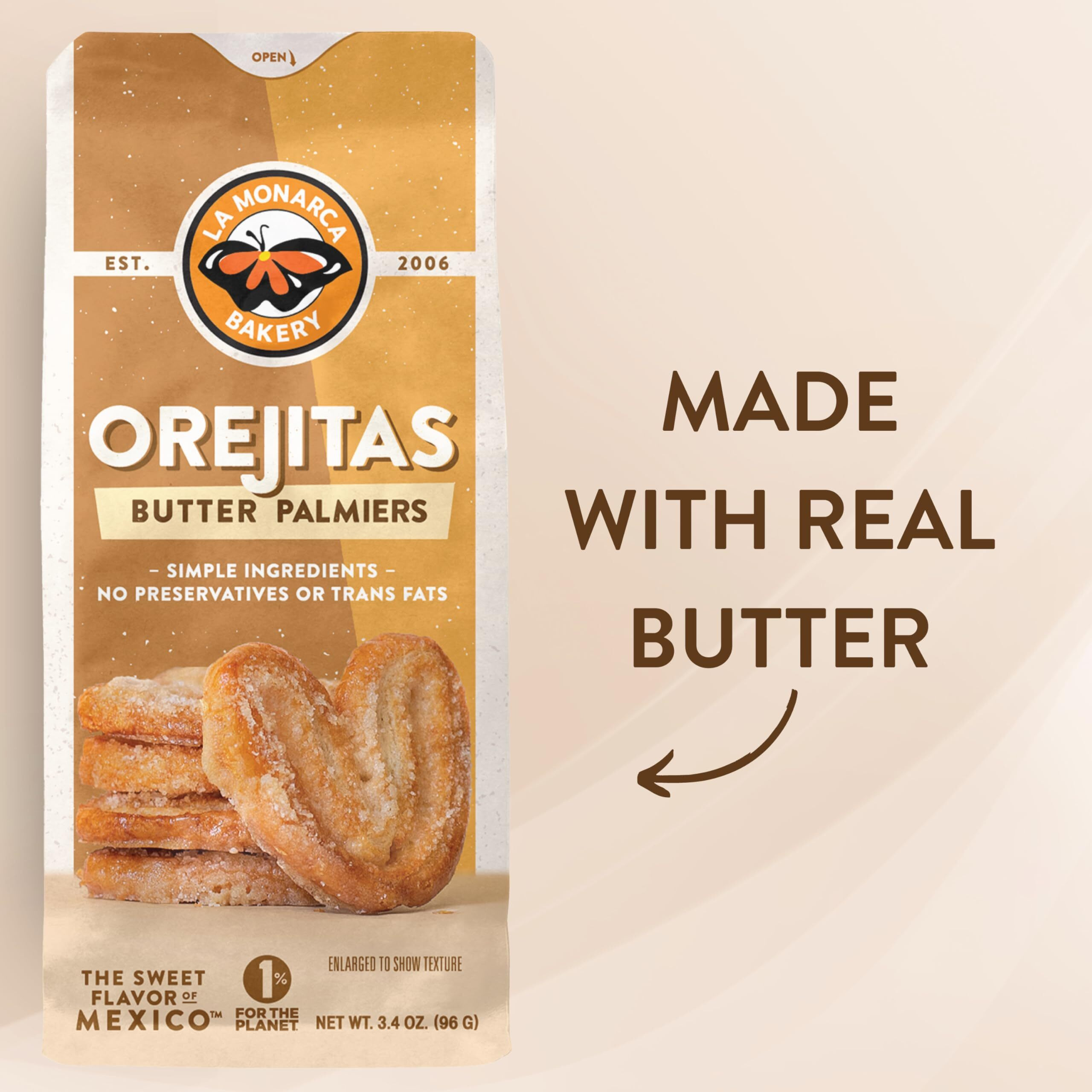 Orejitas Cookies, 3.4 Ounce (Pack Of 3), Flaky And Crunchy Mexican Inspired Mini Palmiers Made With Real Butter And Lightly Dusted With Sugar By La Monarca Bakery
